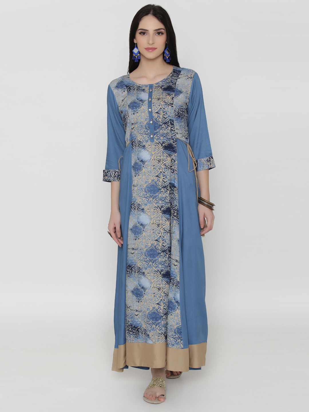 Shree Women Blue & Beige Printed Maxi Dress Price in India