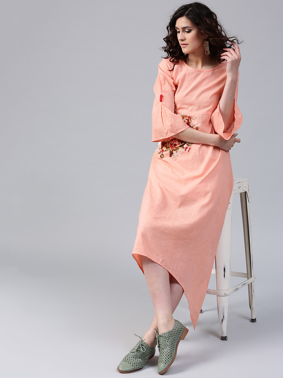 AKS Women Peach-Coloured Printed A-Line Dress Price in India