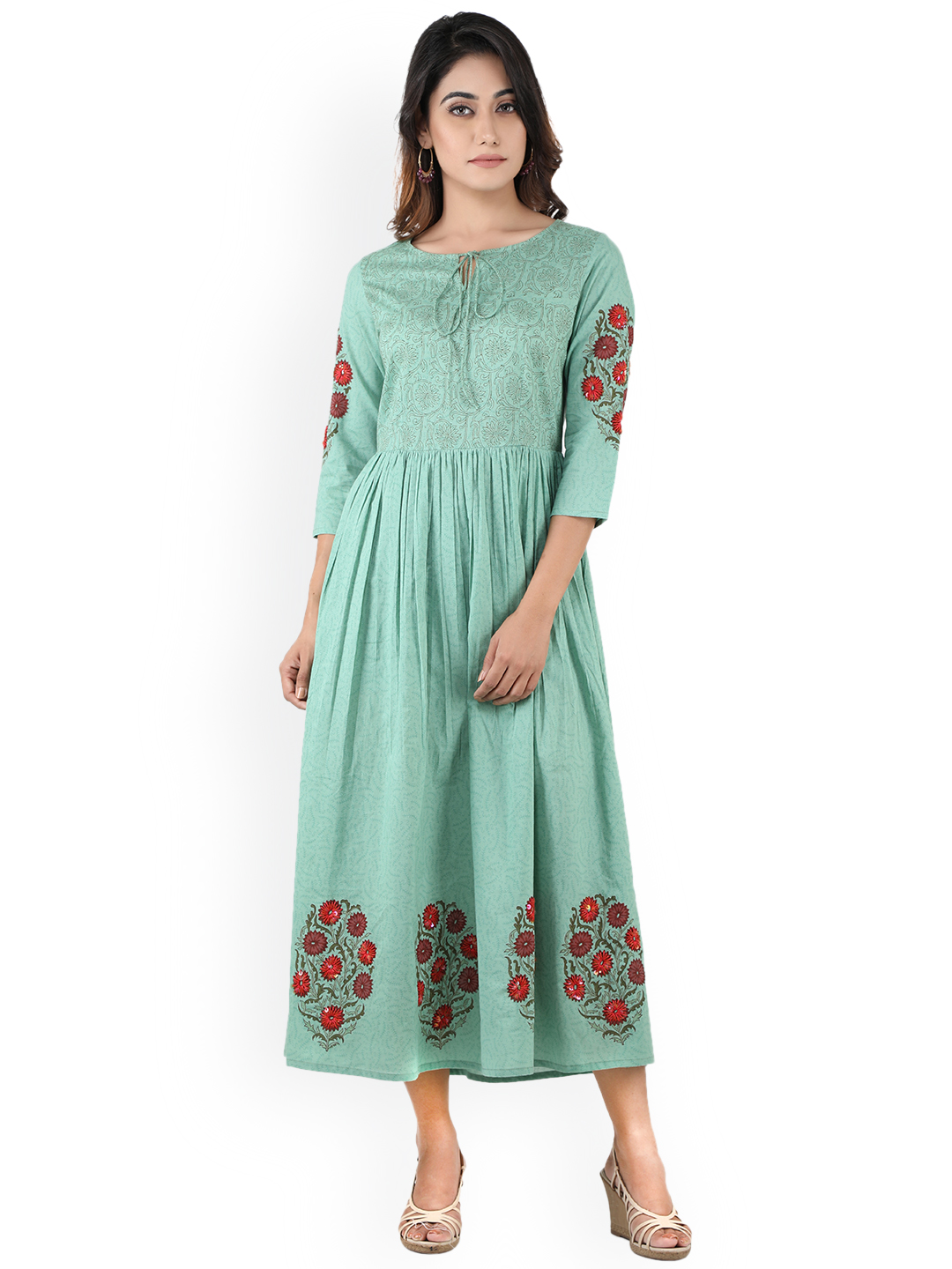 anayna Women Green Printed Fit and Flare Dress Price in India