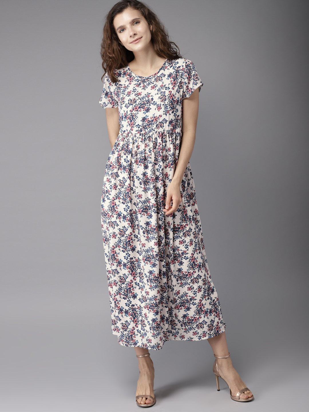 Moda Rapido Women Cream-Coloured & Blue Floral Print Maxi Dress Price in India