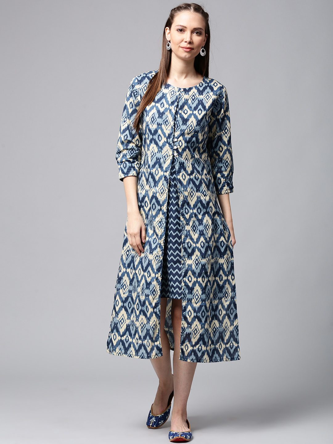 AKS Women Blue & Cream-Coloured Printed A-Line Dress Price in India