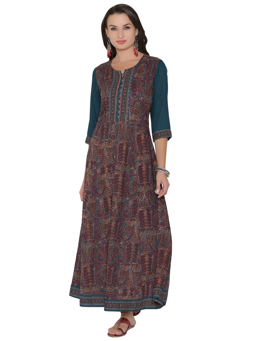 Shree Women Burgundy & Teal Green Printed Maxi Dress Price in India