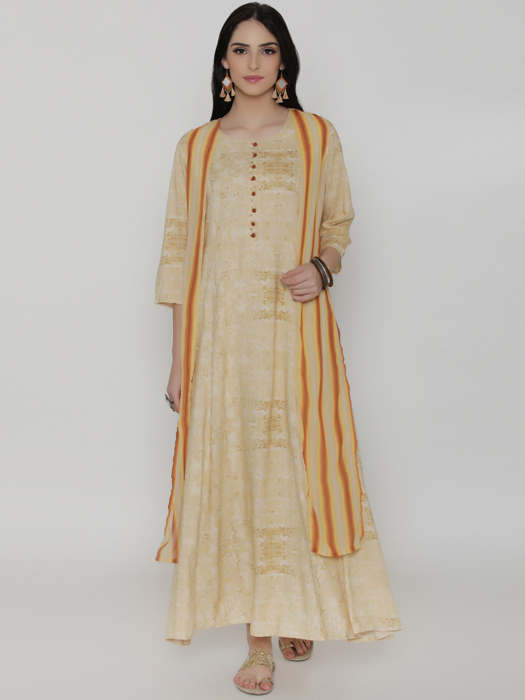 Shree Women Beige Rayon Printed Maxi Dress with Cape Price in India