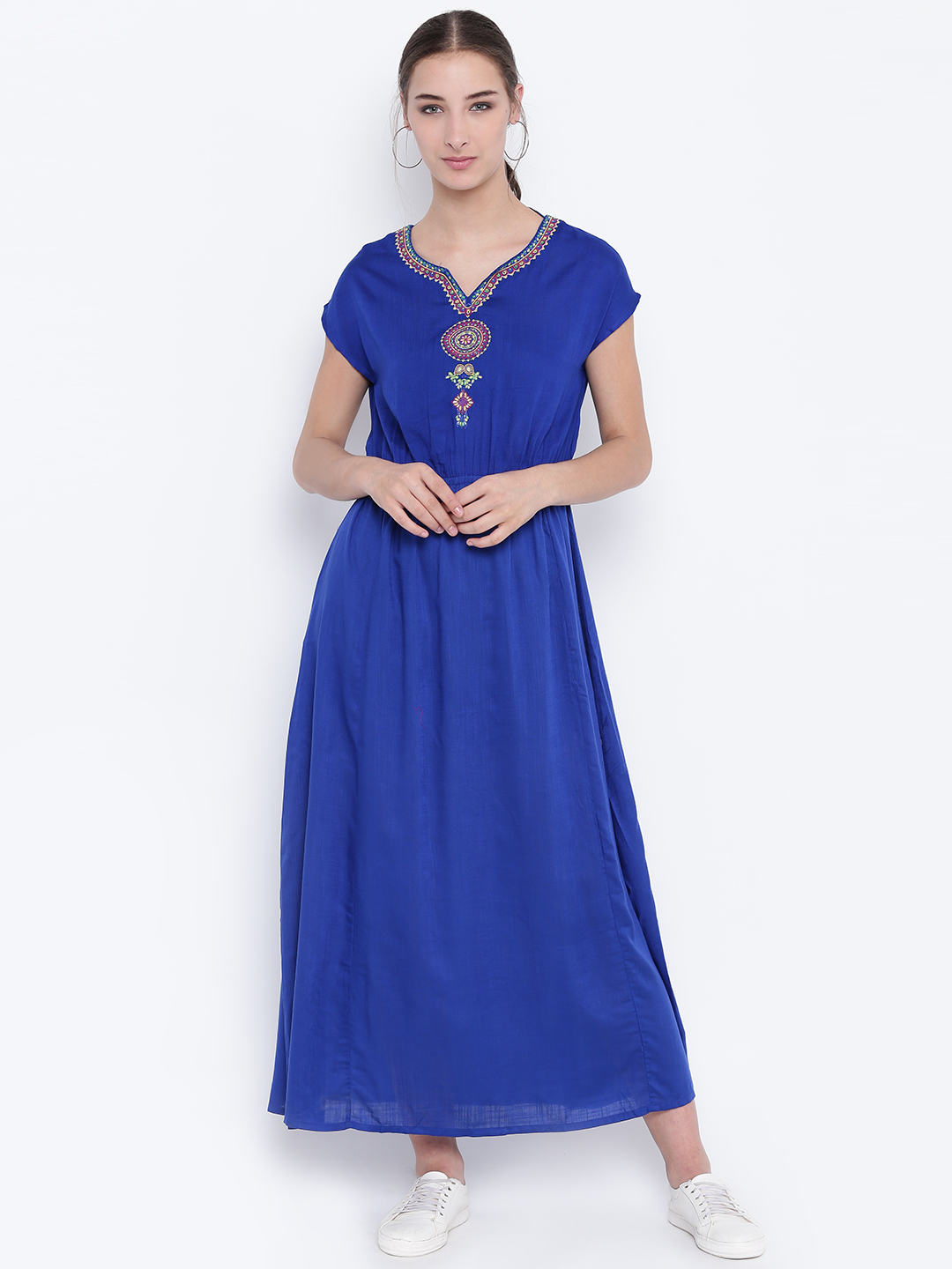 Bronz Women Blue Solid Maxi Dress Price in India