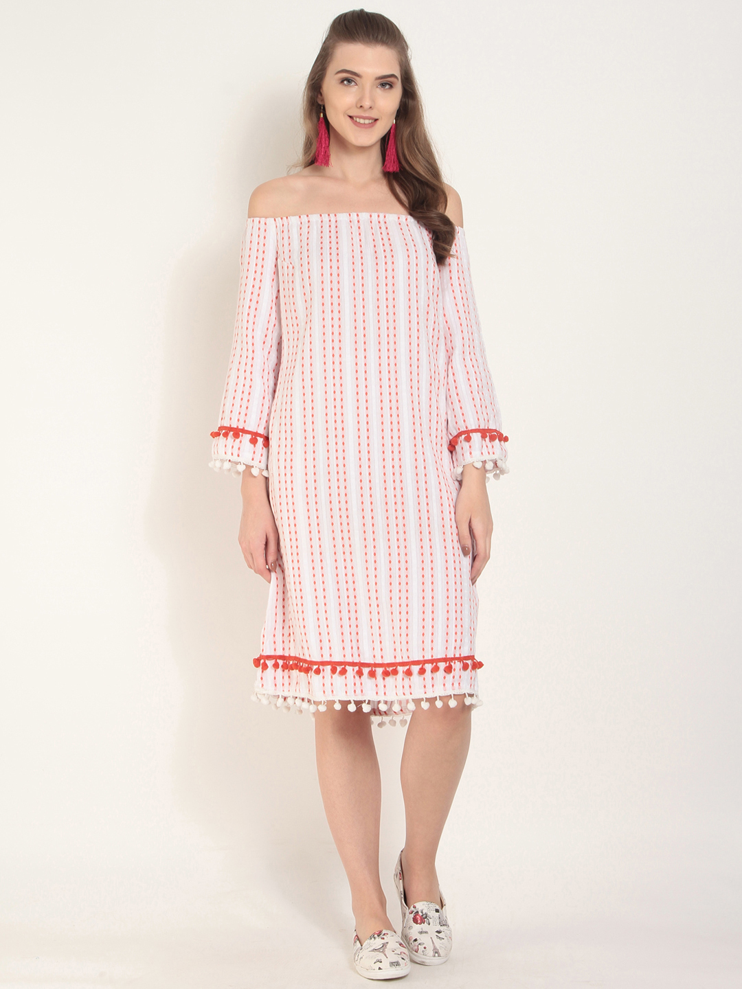 RARE ROOTS Women Off-White Self Design A-Line Dress Price in India