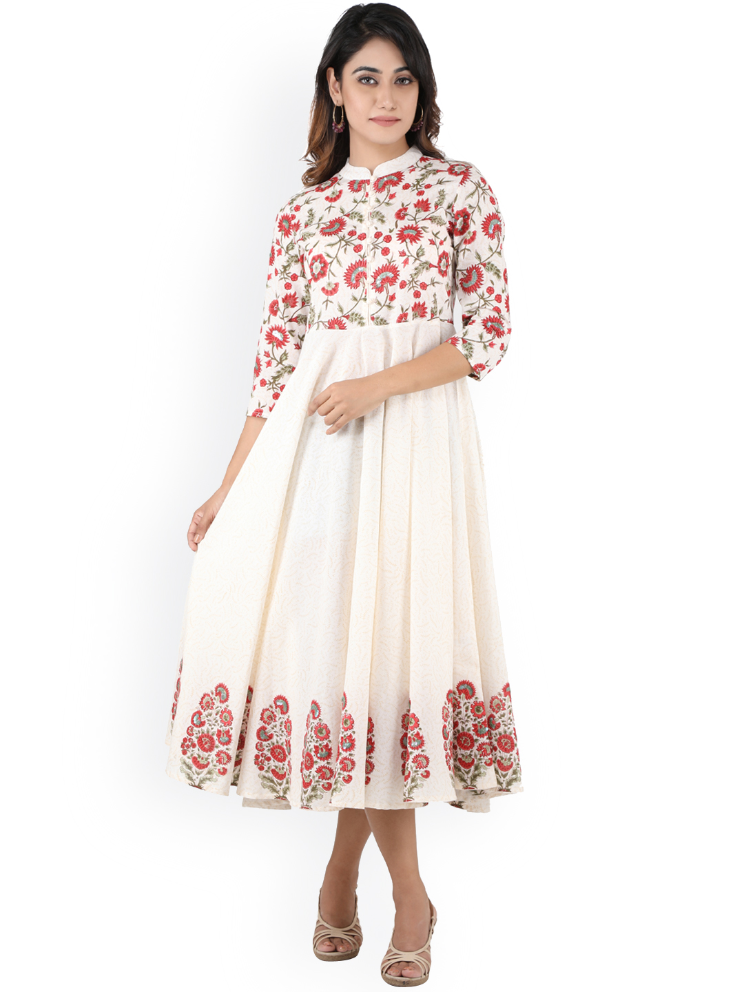 anayna Women Off-White Printed Fit and Flare Dress Price in India