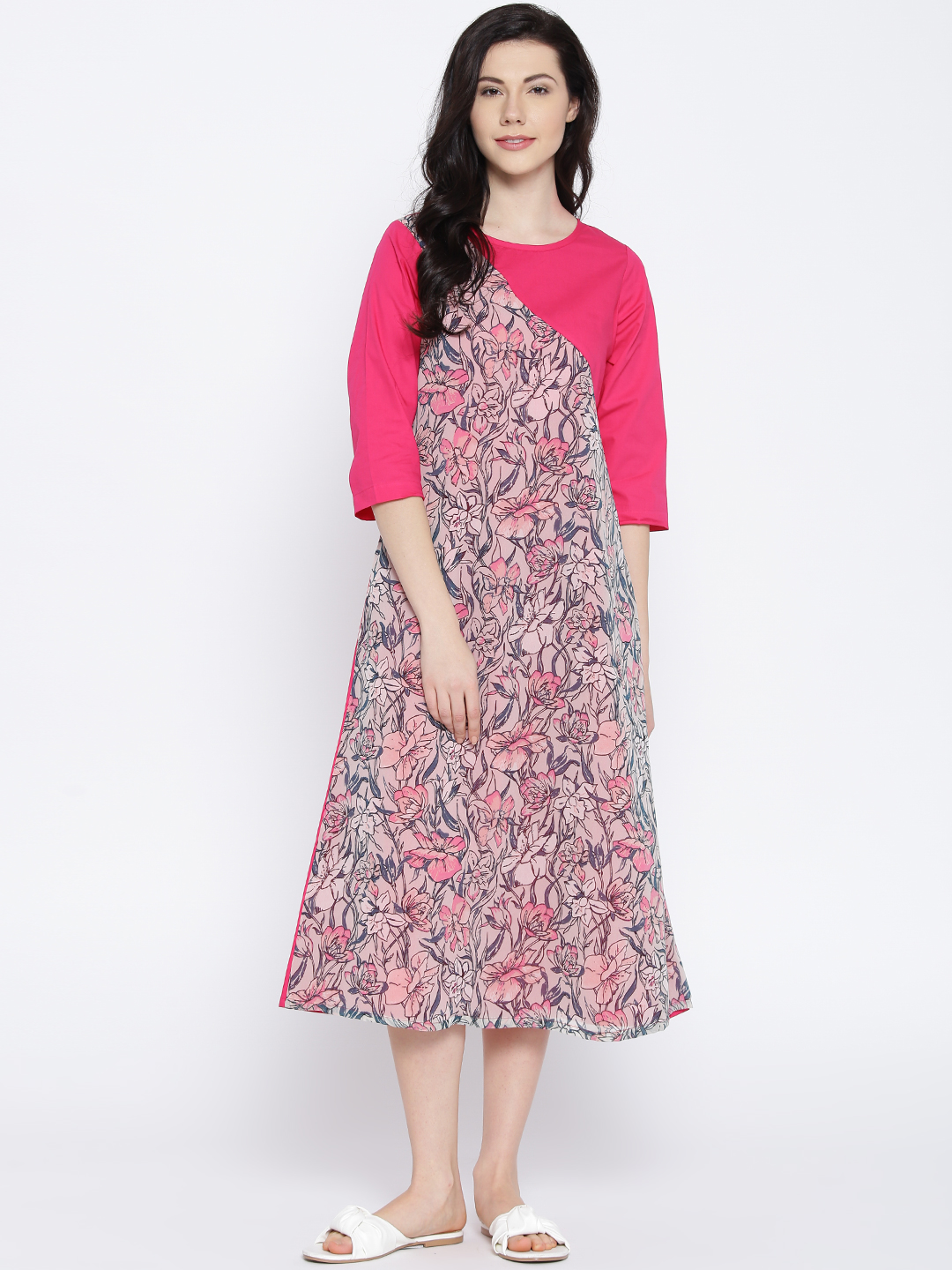 Ayaany Women Pink Floral Print Midi A-Line Dress Price in India