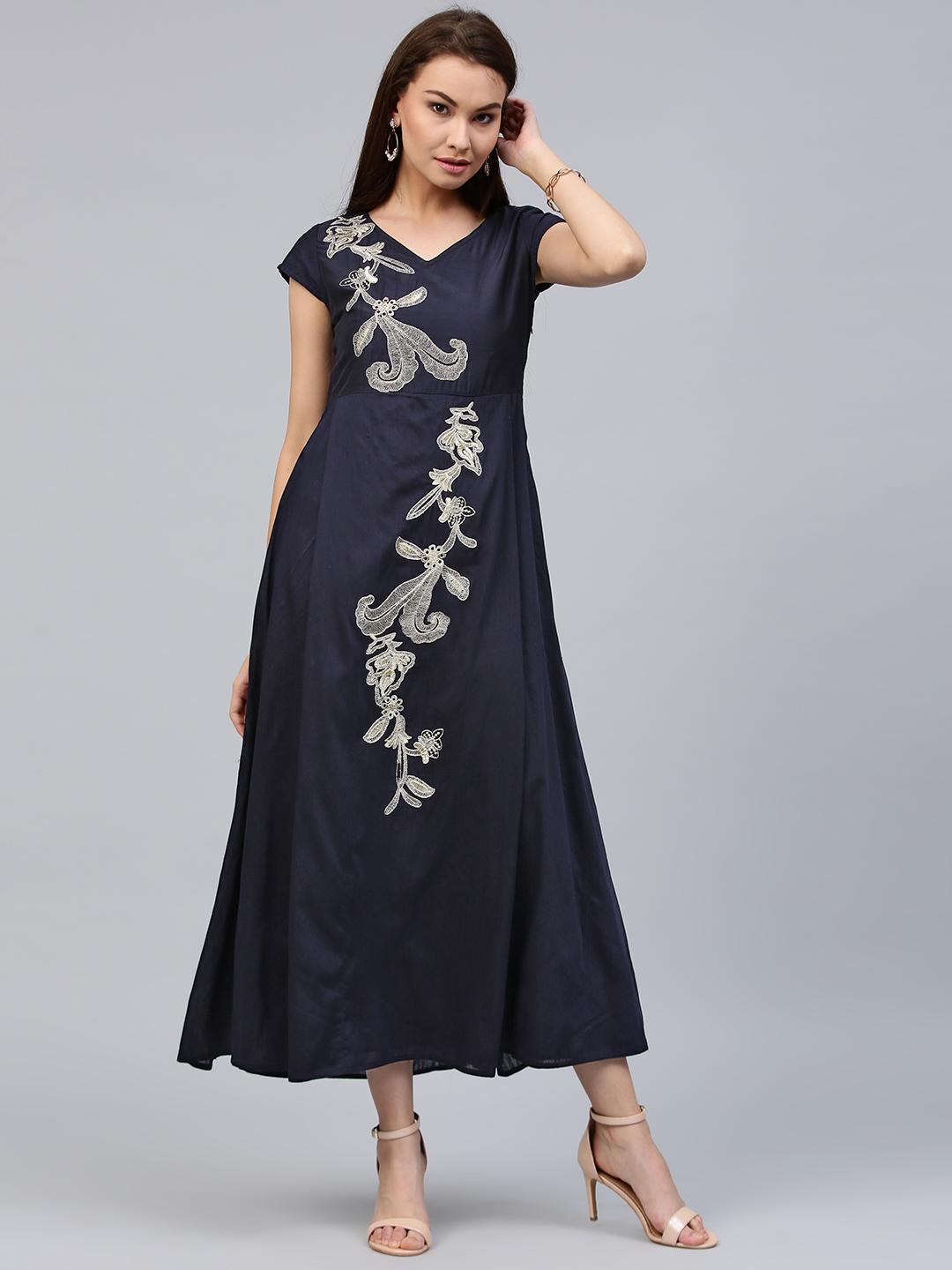 Jaipur Kurti Women Navy Blue Embroidered Maxi Dress Price in India