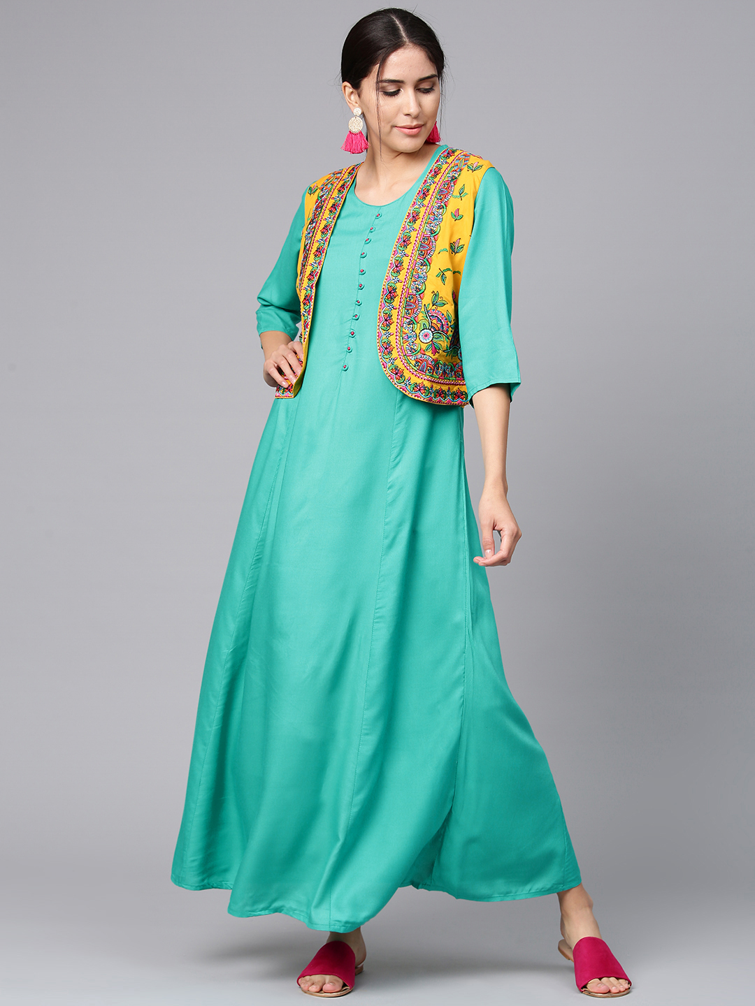 Shree Women Green & Mustard Yellow Solid Maxi Dress with Ethnic Jacket Price in India