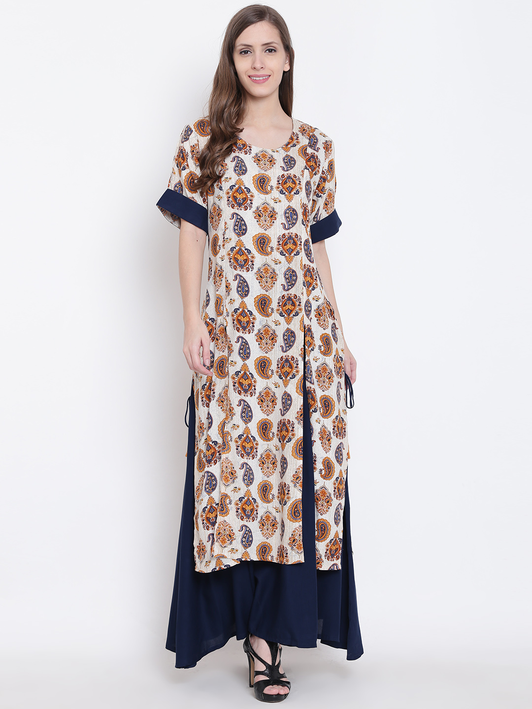 Shree Women Mustard Yellow & Navy Layered Printed Maxi Dress Price in India