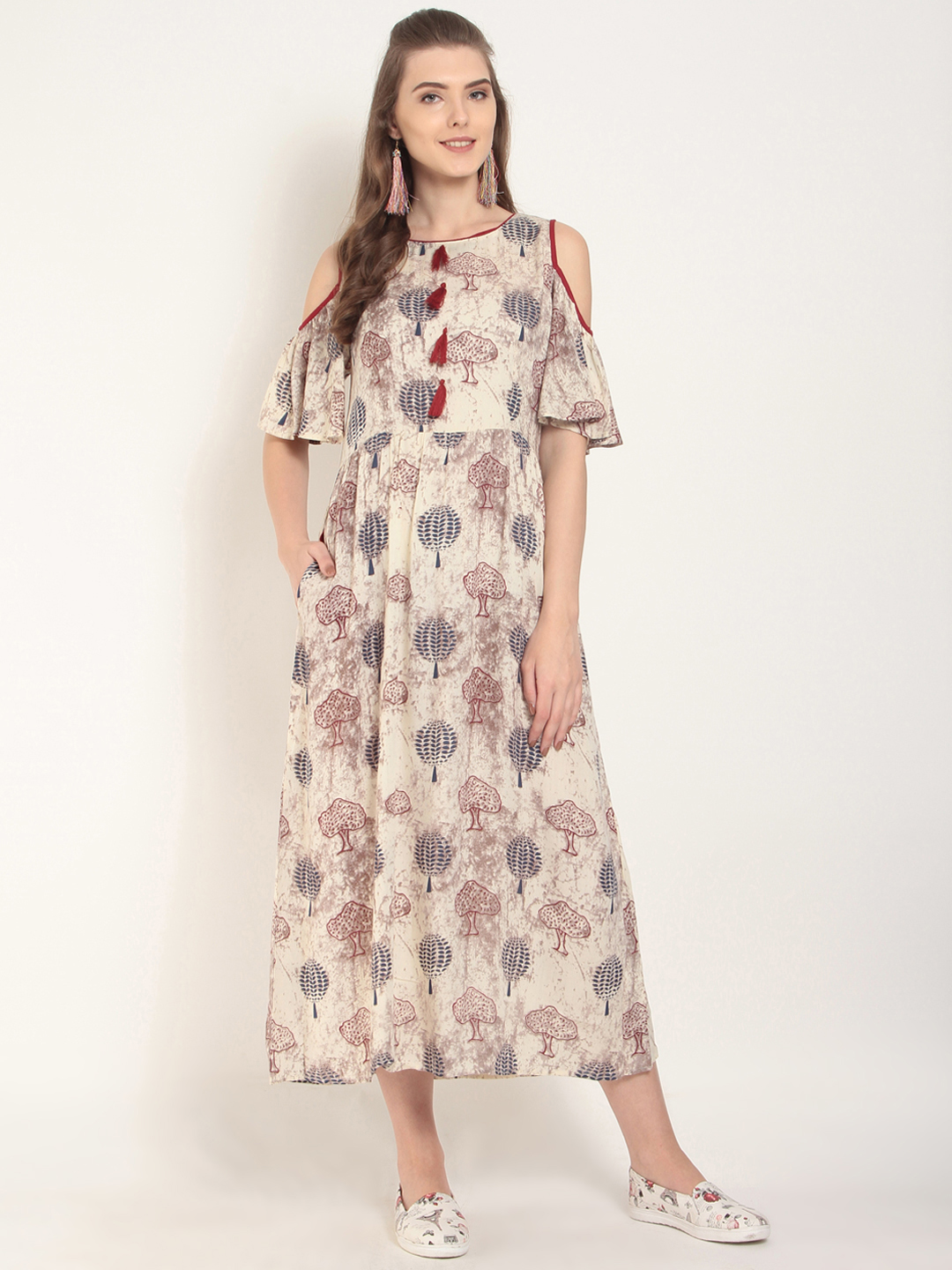 RARE ROOTS Women Beige Printed Fit and Flare Dress Price in India