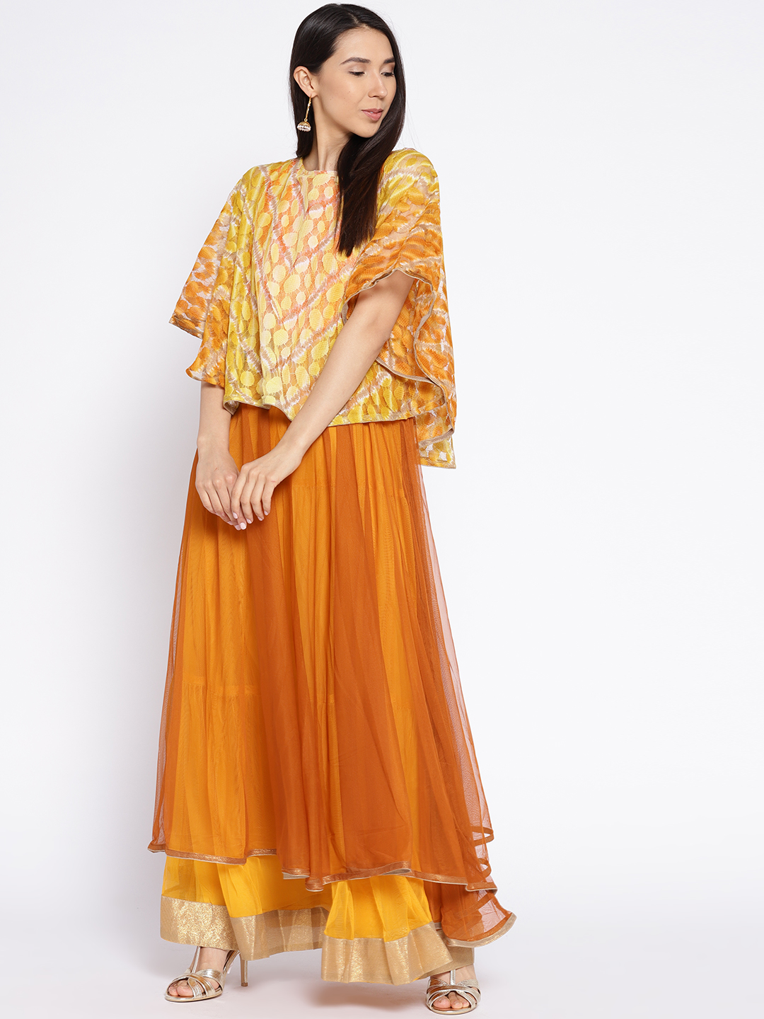 Aujjessa Women Mustard Yellow Net Cape Maxi Dress Price in India