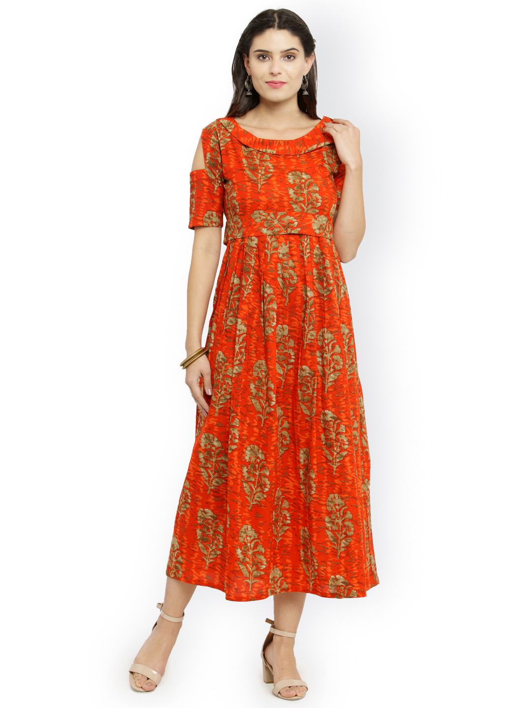 Indibelle Women Orange Printed Empire Dress Price in India