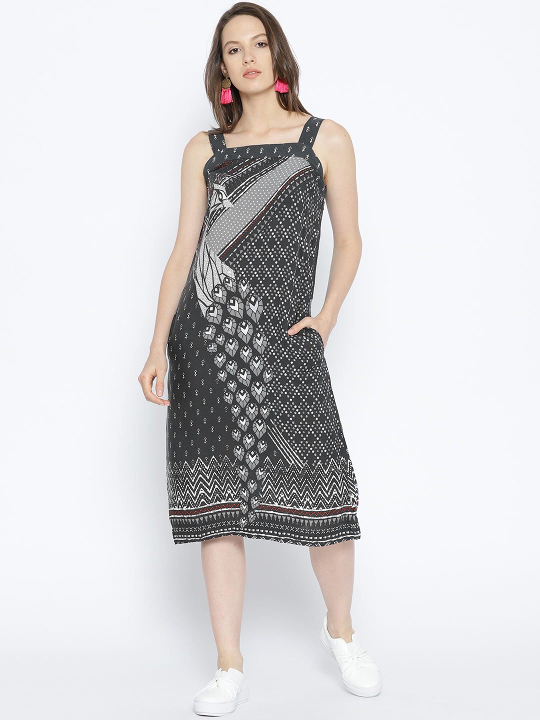 Global Desi Women Charcoal Grey Printed A-Line Dress Price in India