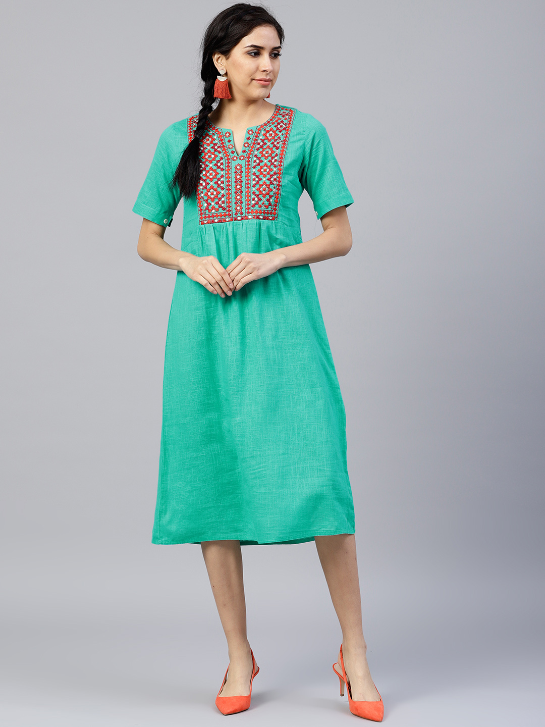 Jaipur Kurti Women Green Solid A-Line Midi Dress Price in India