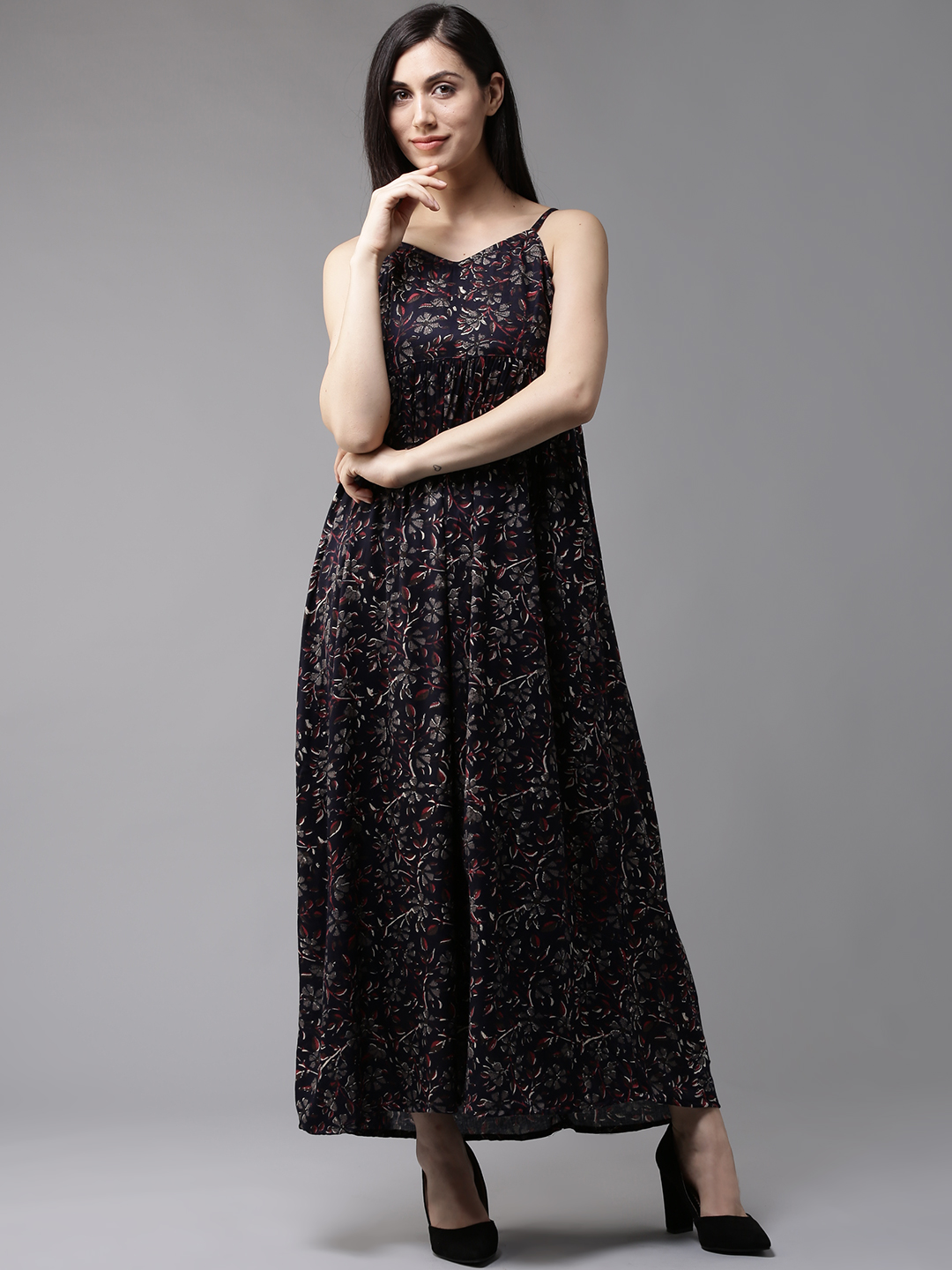 HERE&NOW Women Navy & Charcoal Grey Printed Maxi Dress Price in India