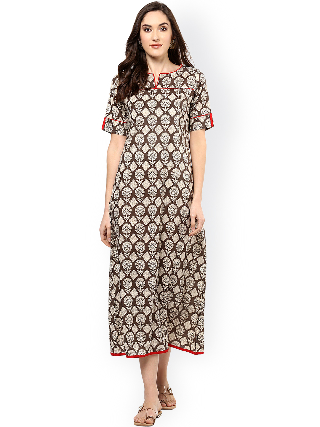 Jaipur Kurti Women Taupe Printed Midi Dress Price in India