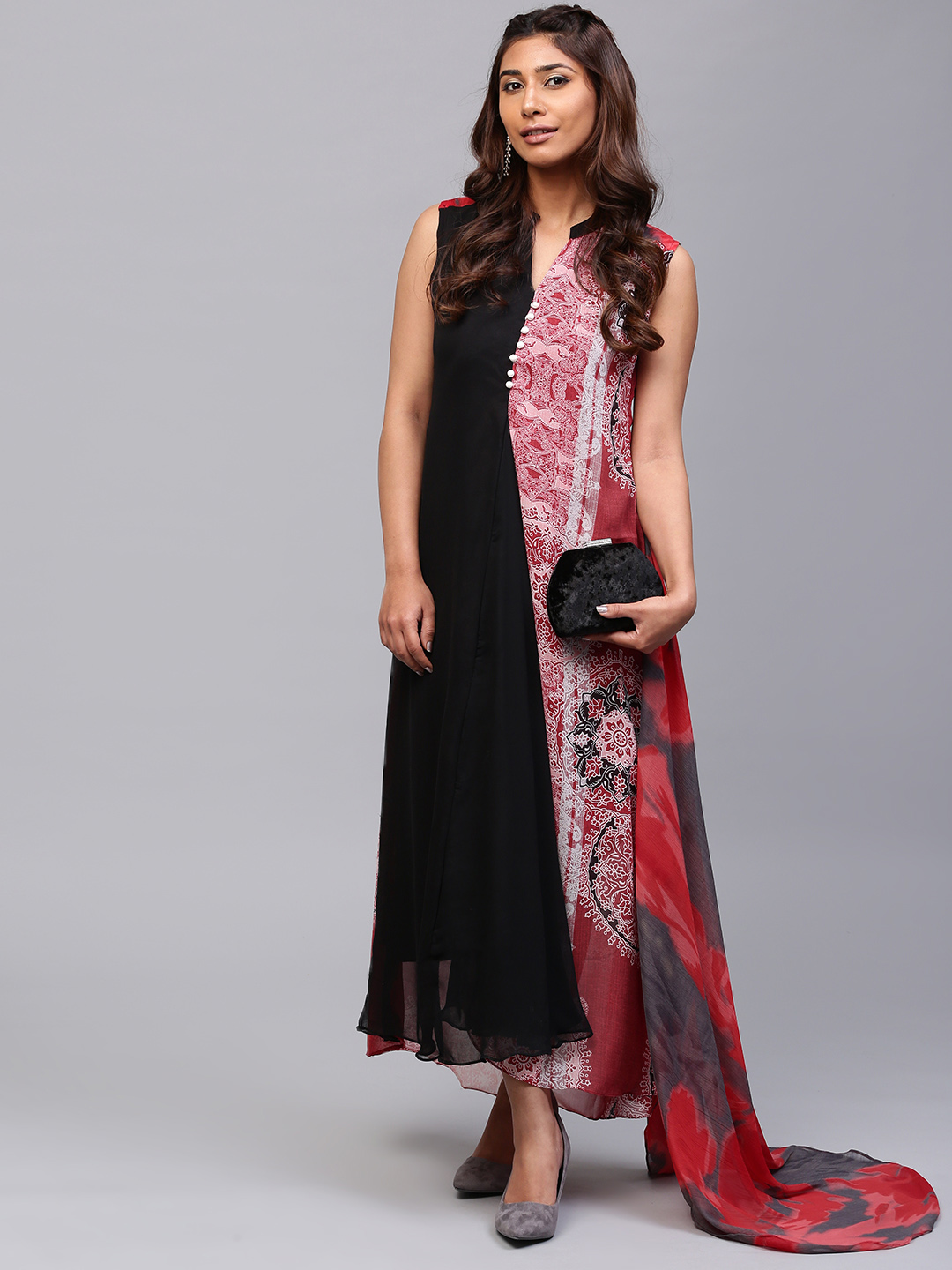 AKS Women Black & Maroon Printed Detail Layered Maxi Dress Price in India