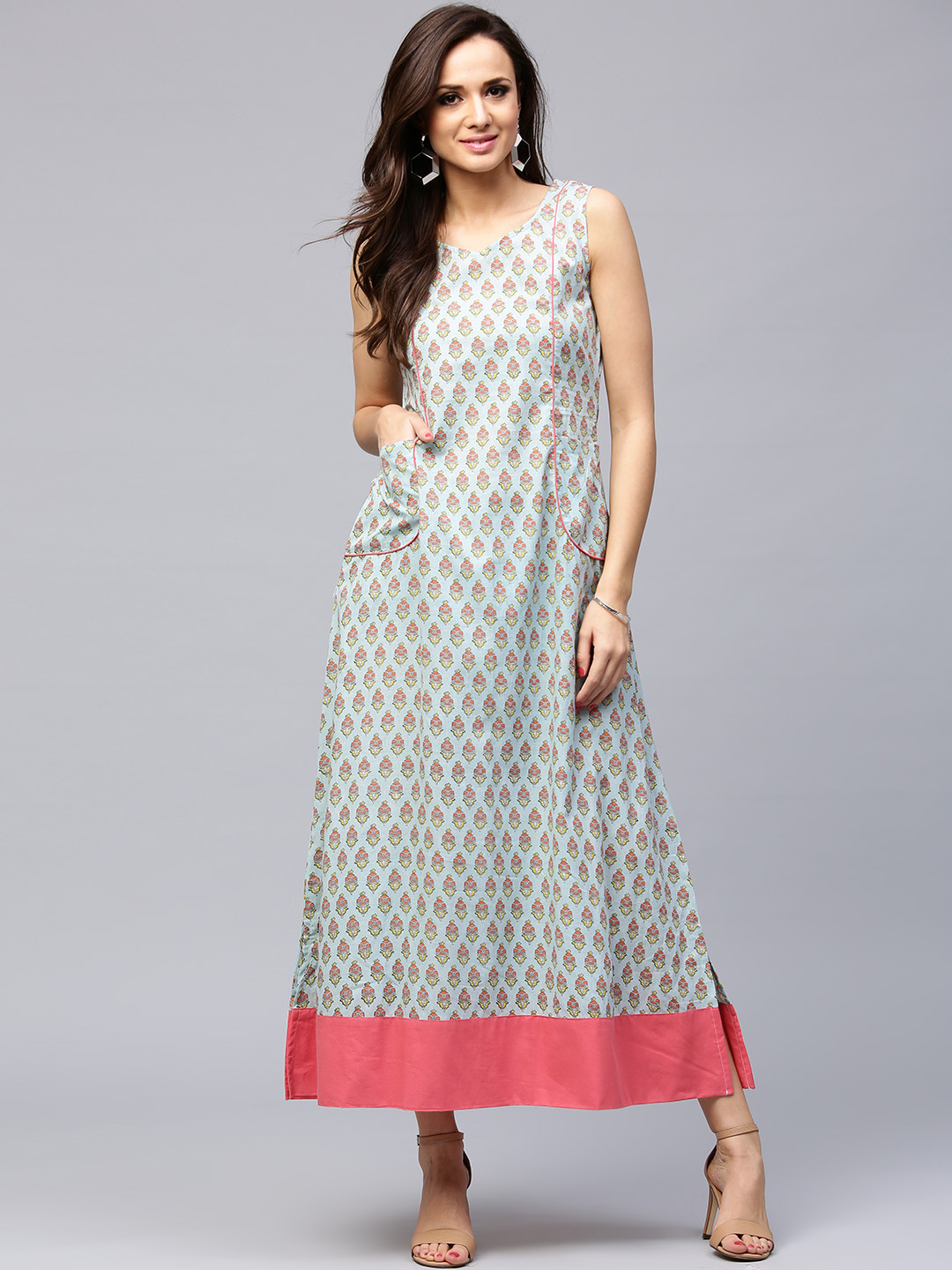 AKS Women Blue & Peach-Coloured Printed Maxi Dress Price in India