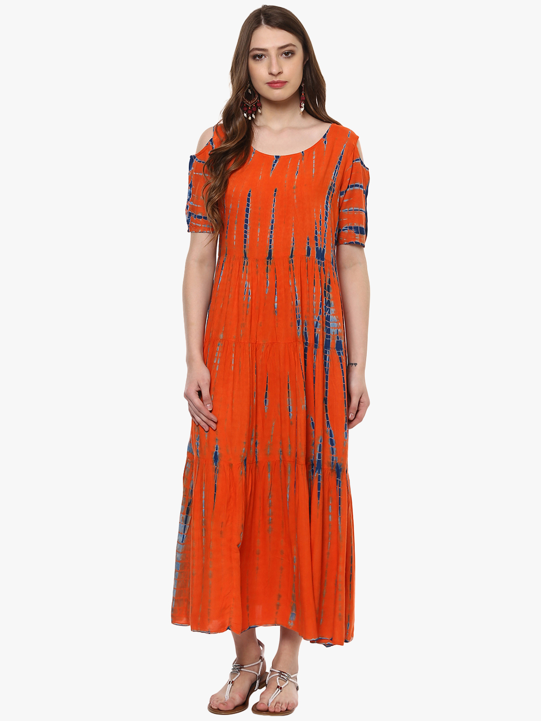 Sringam Women Orange Printed Maxi Dress Price in India