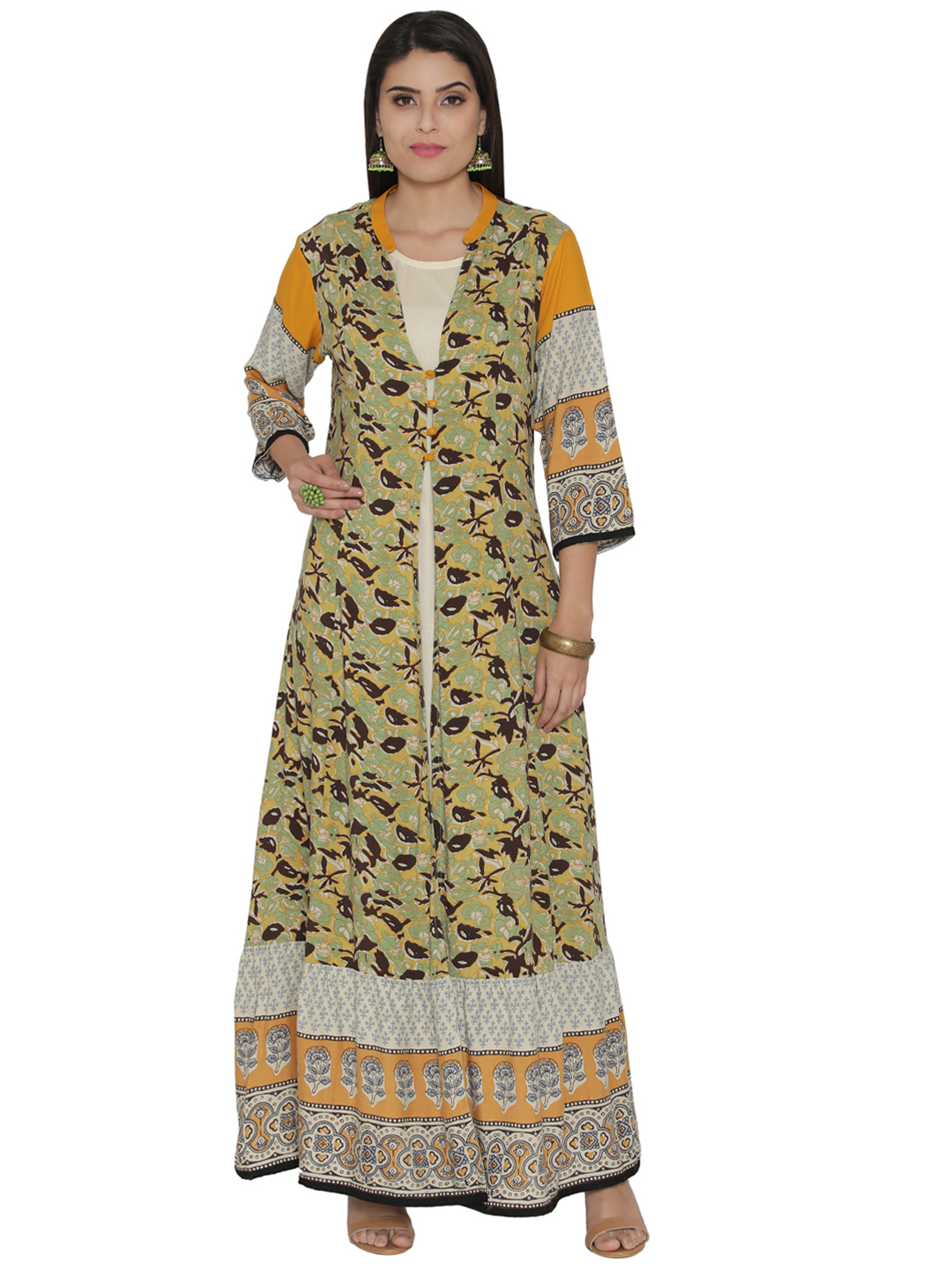 Shree Women Olive Green & Mustard Yellow Floral Print Maxi Dress Price in India