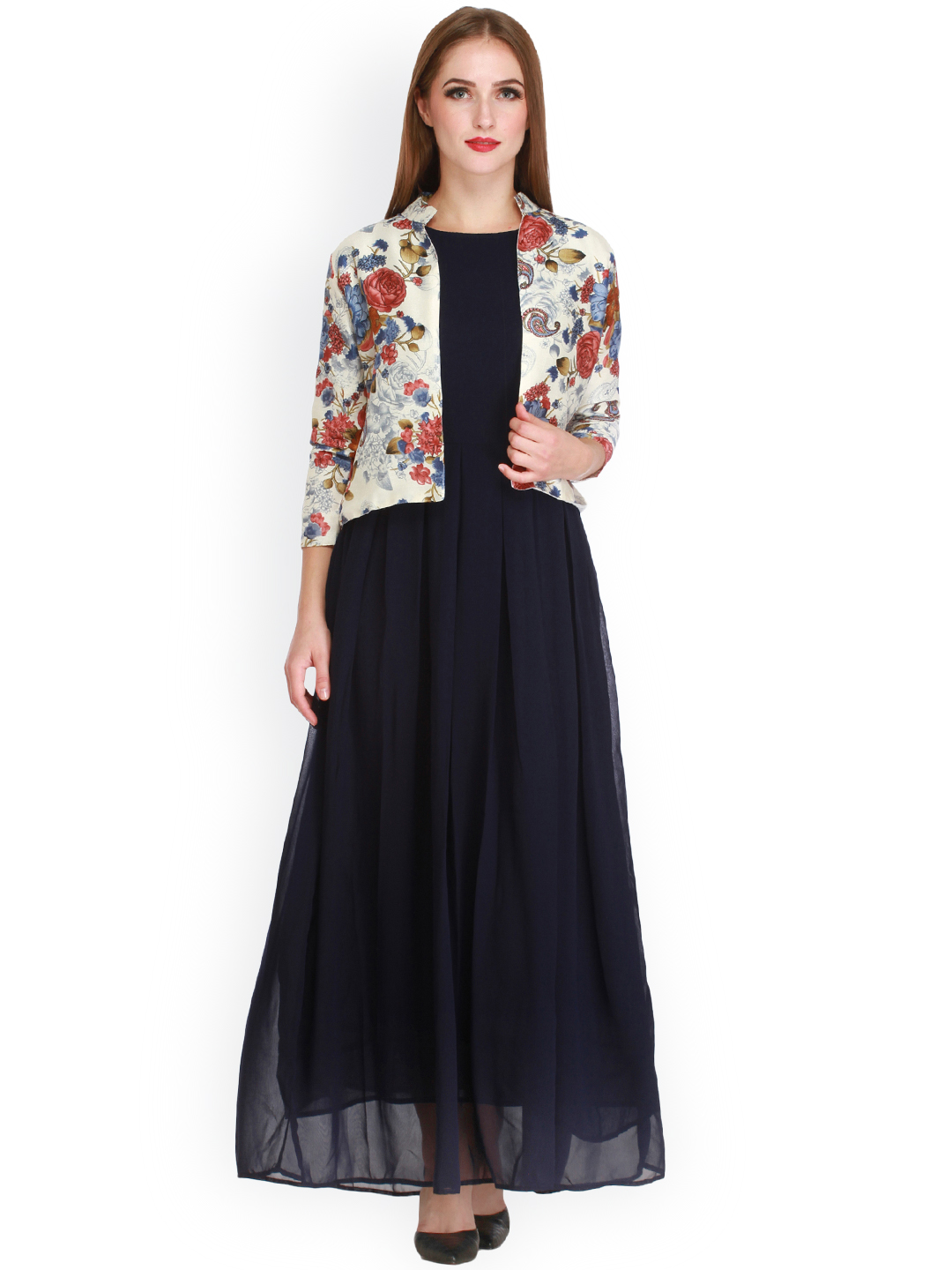 Cottinfab Women Navy Blue Printed Maxi Dress Price in India