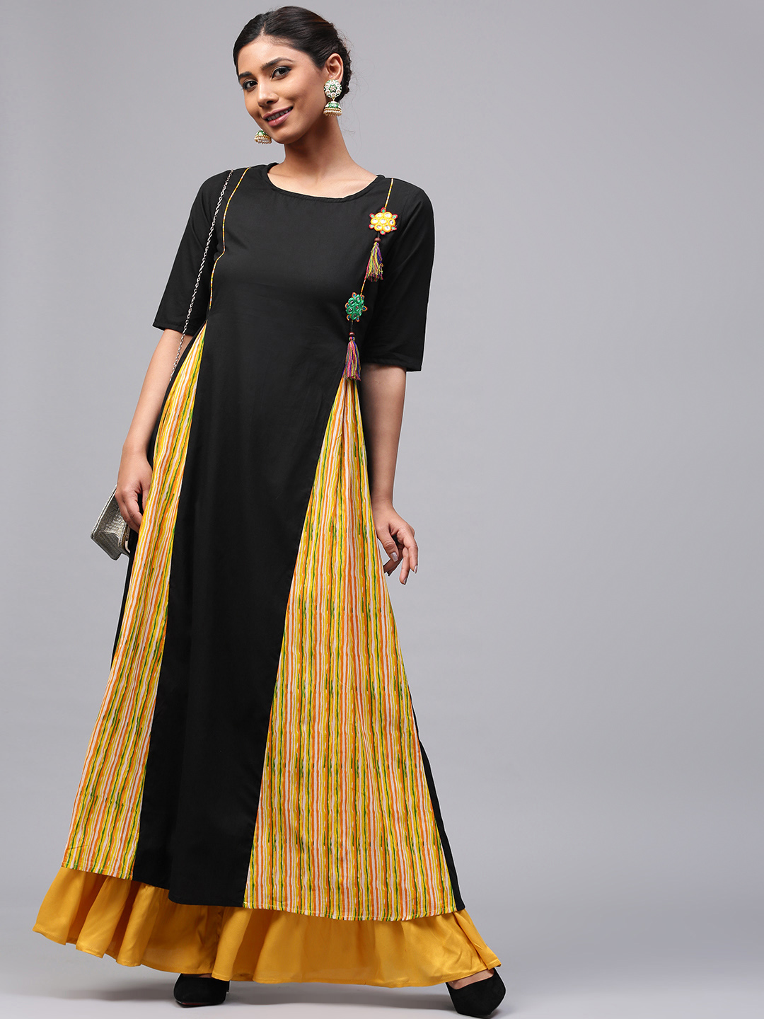 AKS Women Black & Yellow Striped Detail A-Line Kurta Price in India