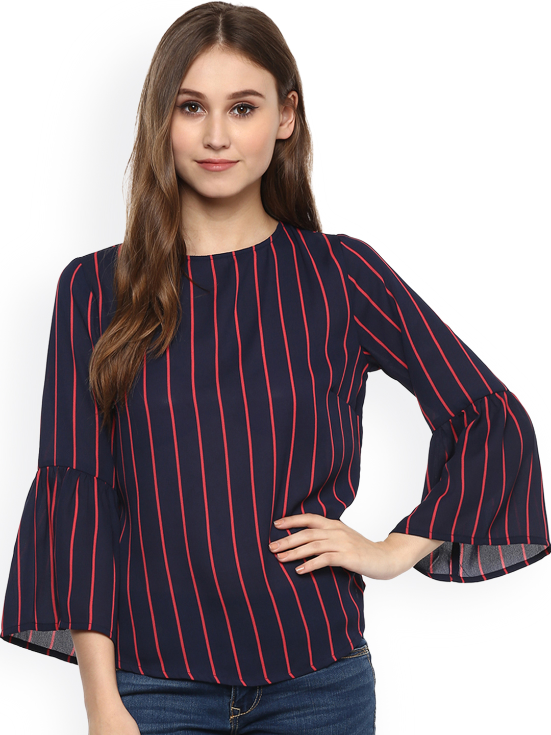 Harpa Women Navy Blue & Red Striped Top Price in India