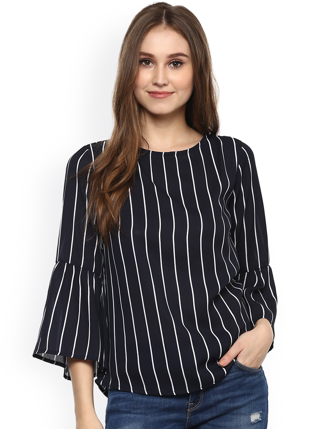 Harpa Women Navy Blue & White Striped Top Price in India