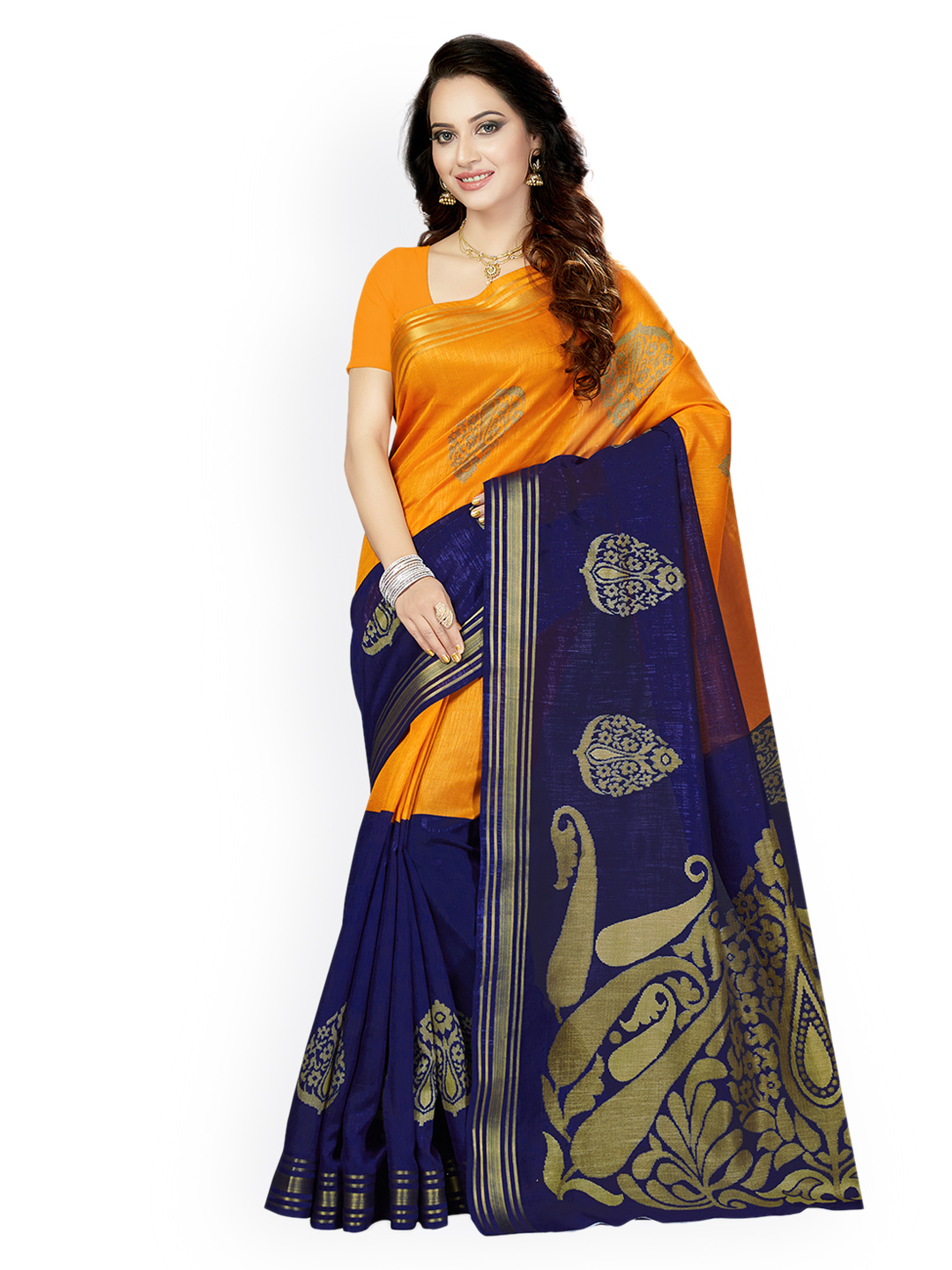 Ishin Orange & Blue Art Silk Woven Design Bhagalpuri Saree Price in India