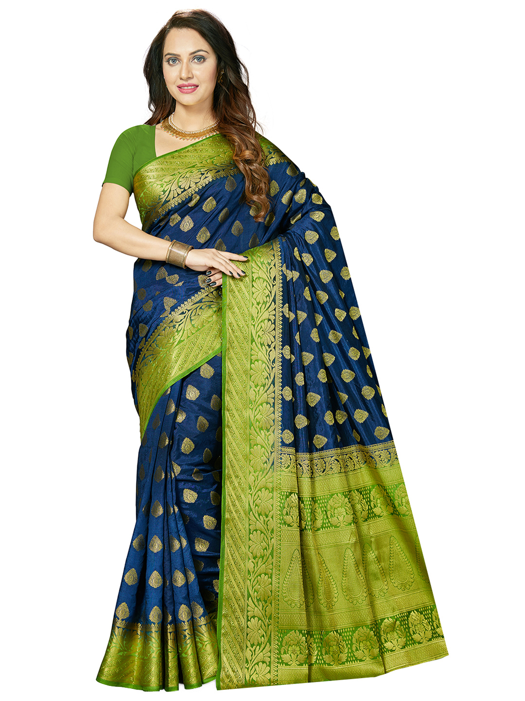 Ishin Navy Blue & Green Art Silk Woven Design Saree Price in India