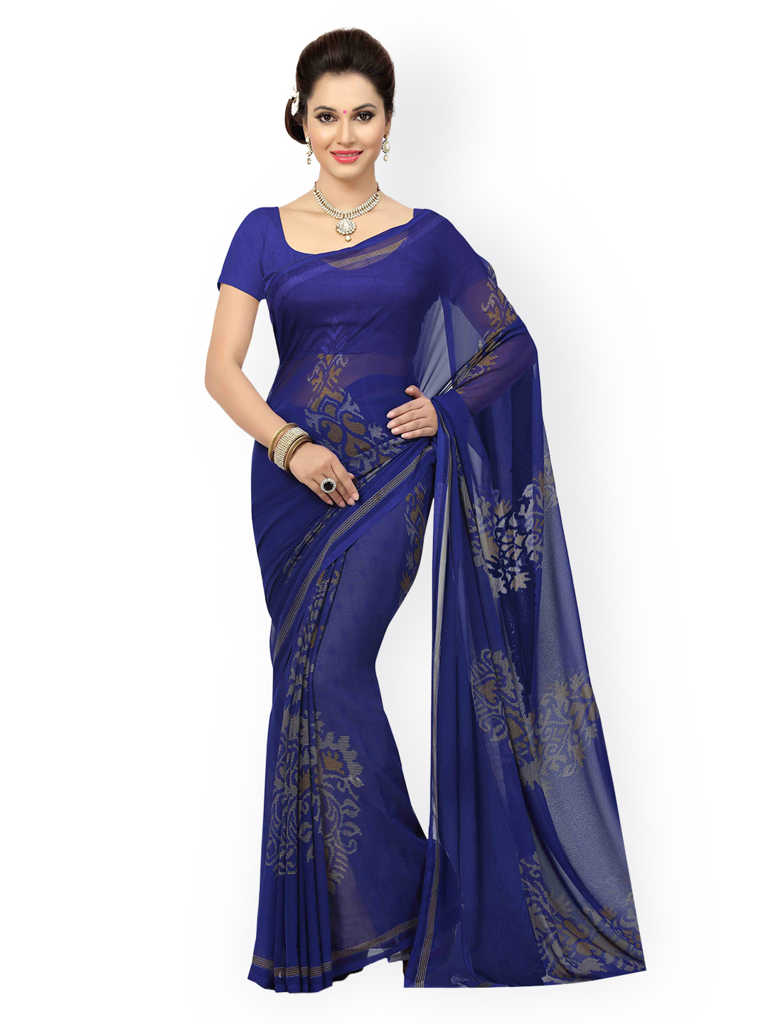 Ishin Navy Poly Georgette Printed Saree Price in India