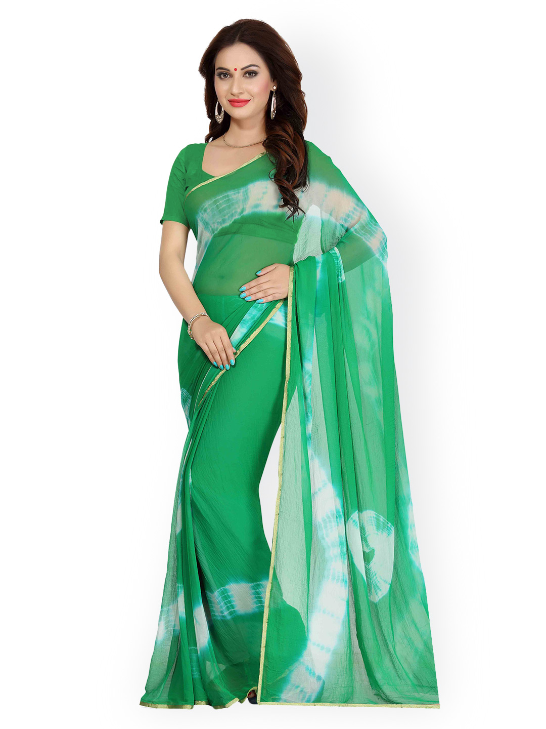 Ishin Green & White Faux Georgette Tie-Dyed Print Saree Price in India