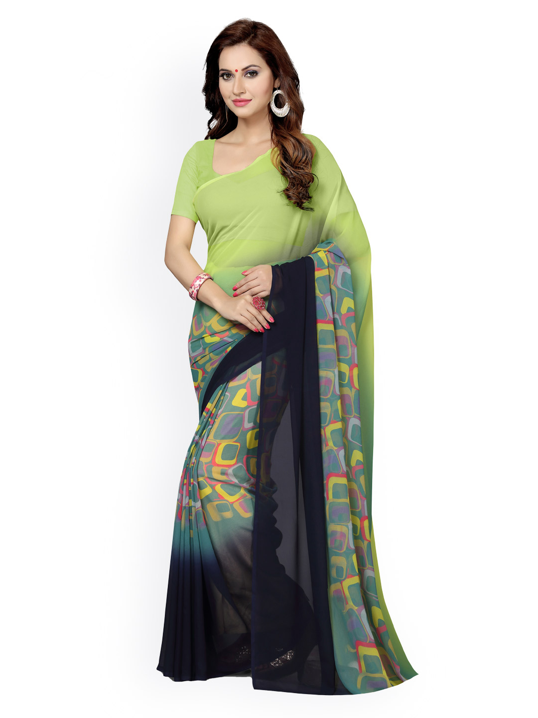 Ishin Green Poly Georgette Printed Saree Price in India