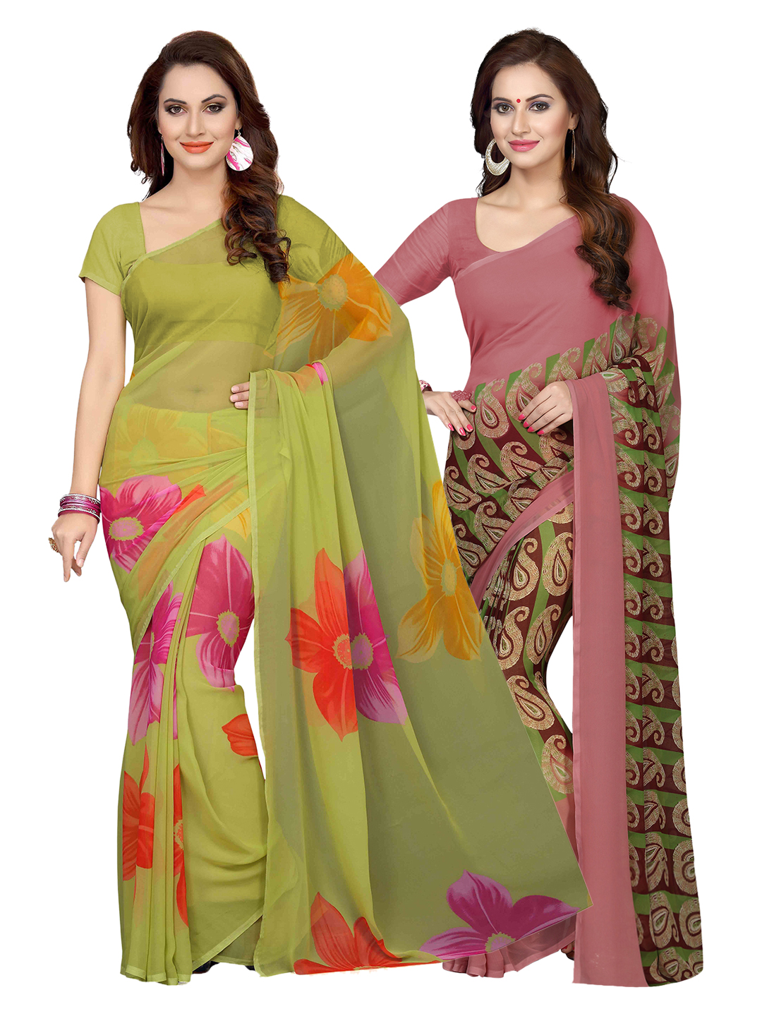 Ishin Selection of 2 Green & Pink Poly Georgette Printed Sarees Price in India