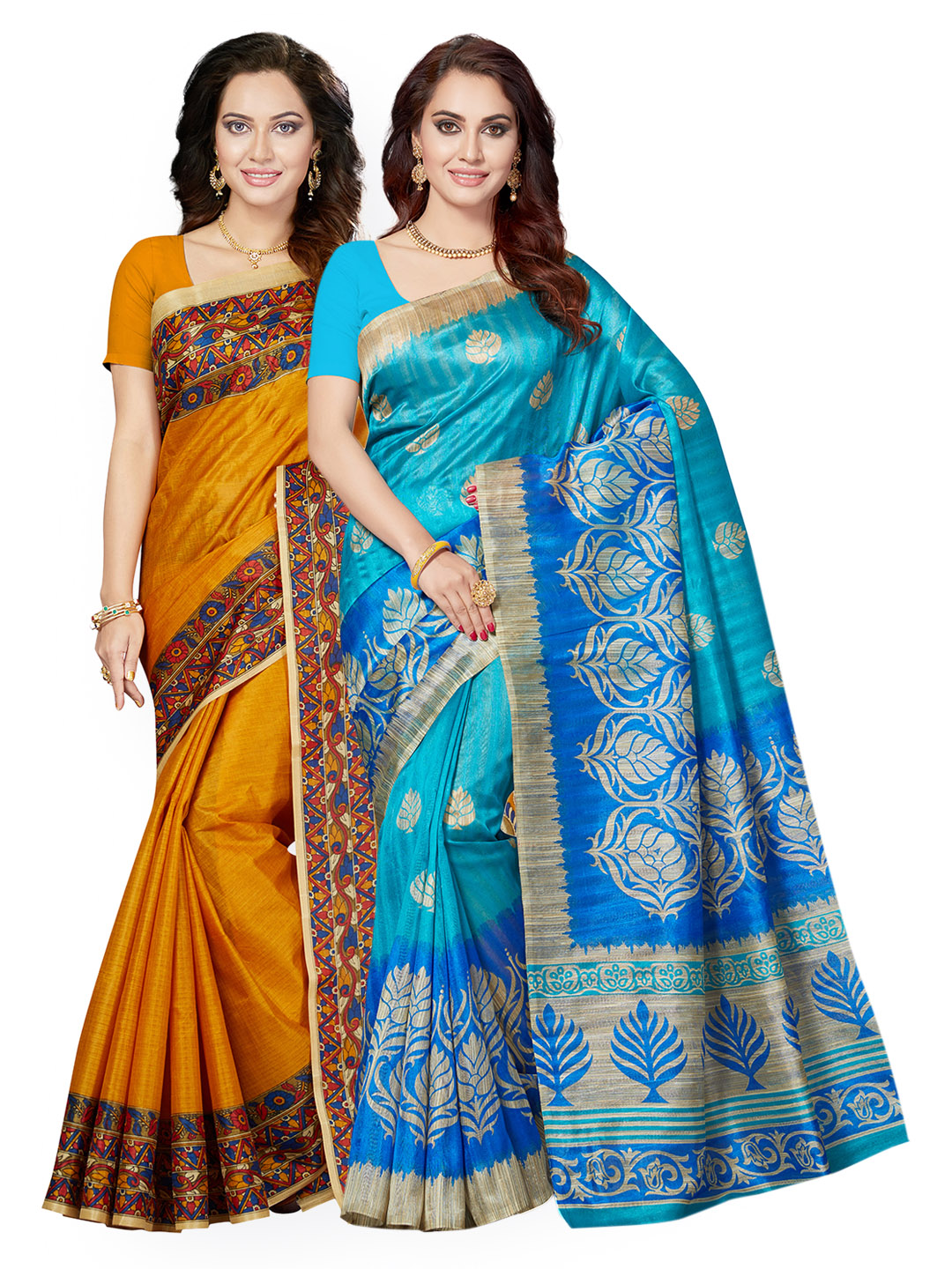 Ishin Selection of 2 Mustard Yellow & Blue Art Silk Printed Sarees Price in India