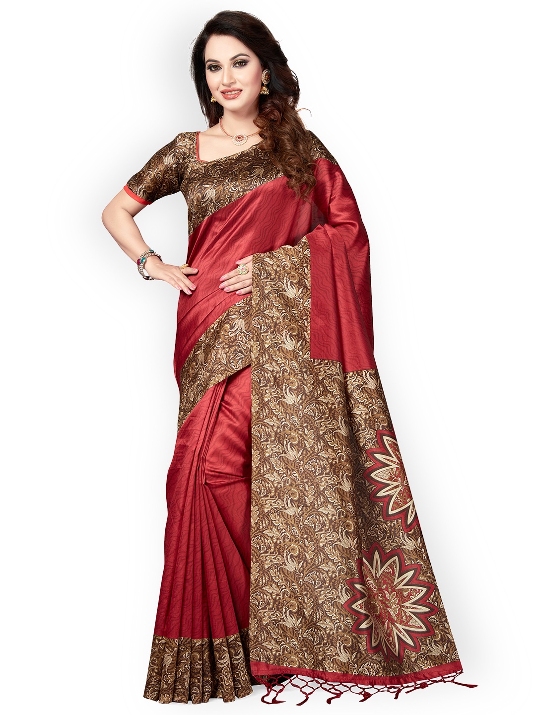 Ishin Red Art Silk Printed Mysore Silk Saree Price in India