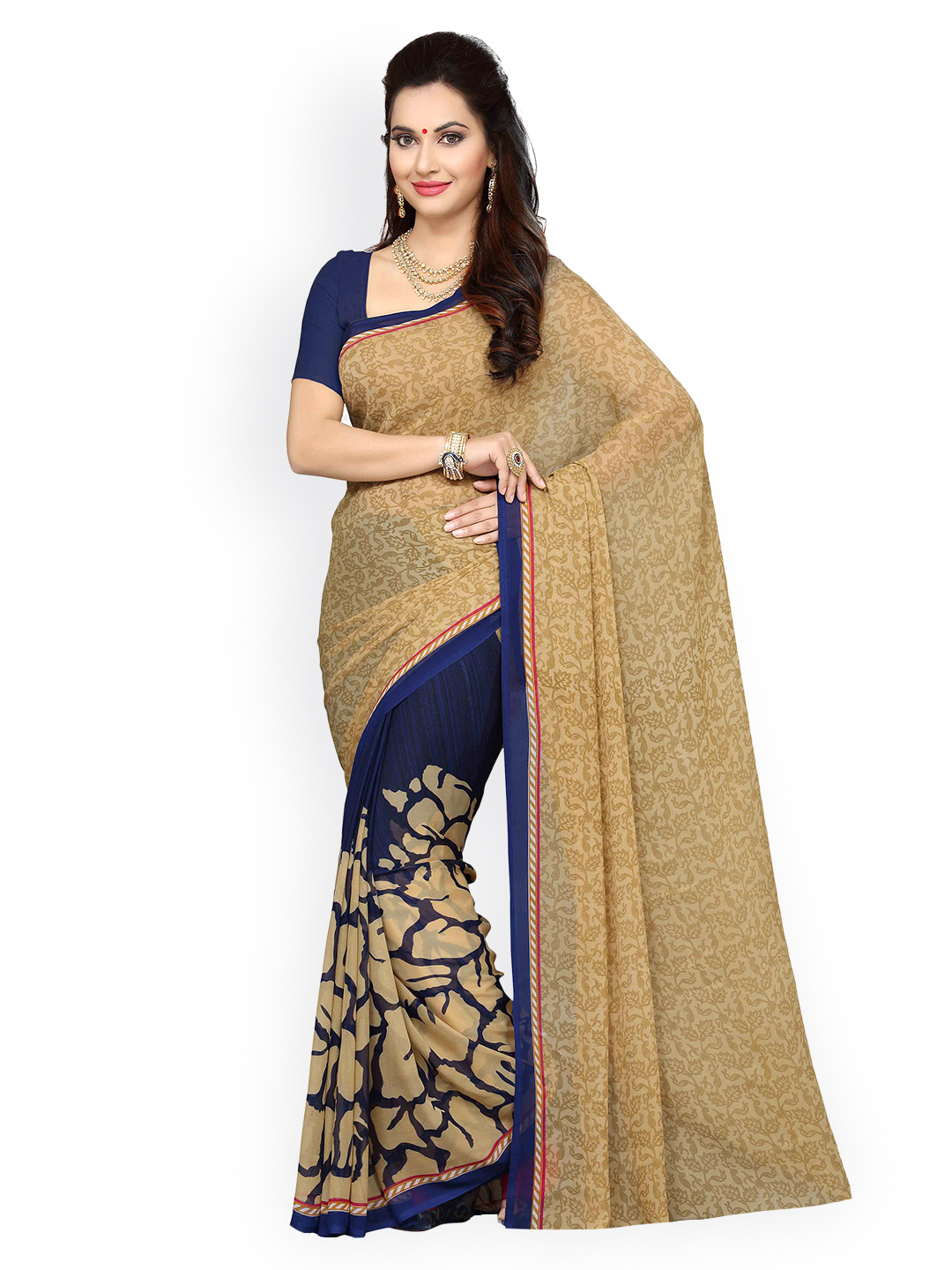 Ishin Navy & Beige Poly Georgette Printed Saree Price in India