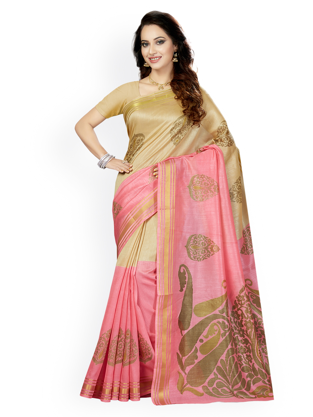 Ishin Beige & Pink Art Silk Woven Design Bhagalpuri Saree Price in India