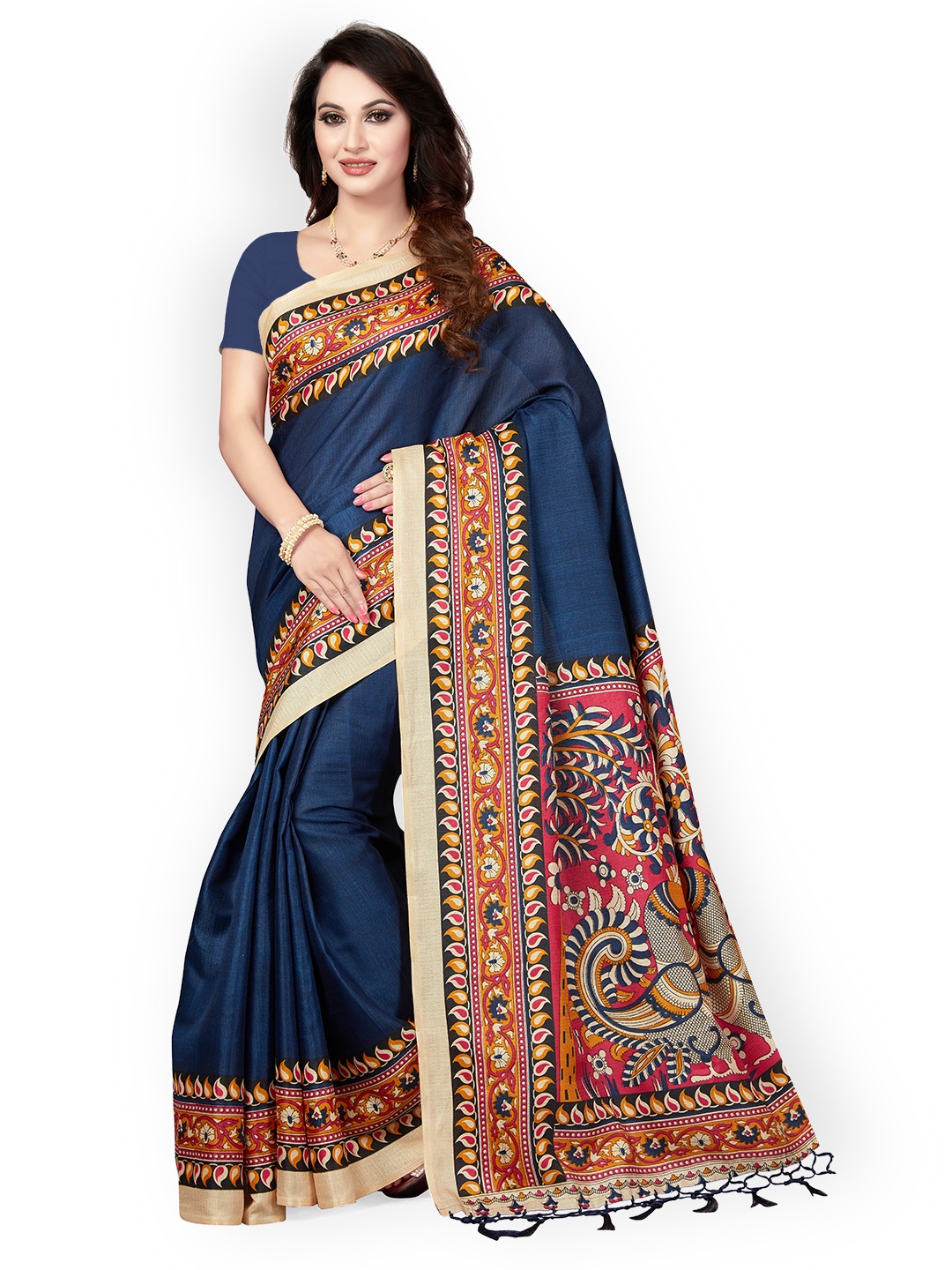 Ishin Navy Blue Art Silk Printed Mysore Silk Saree Price in India