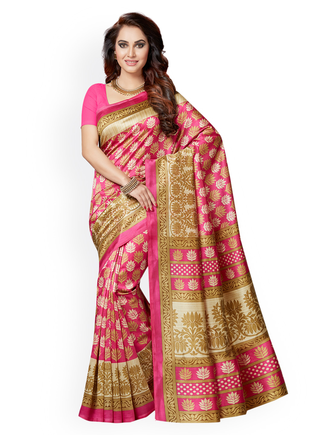 Ishin Pink Art Silk Floral Print Bhagalpuri Saree Price in India