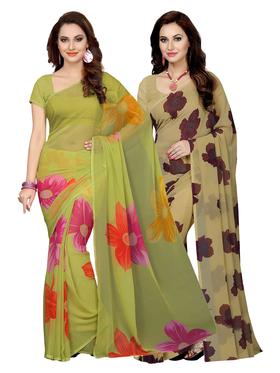 Ishin Selection of 2 Green & Beige Poly Georgette Printed Sarees Price in India