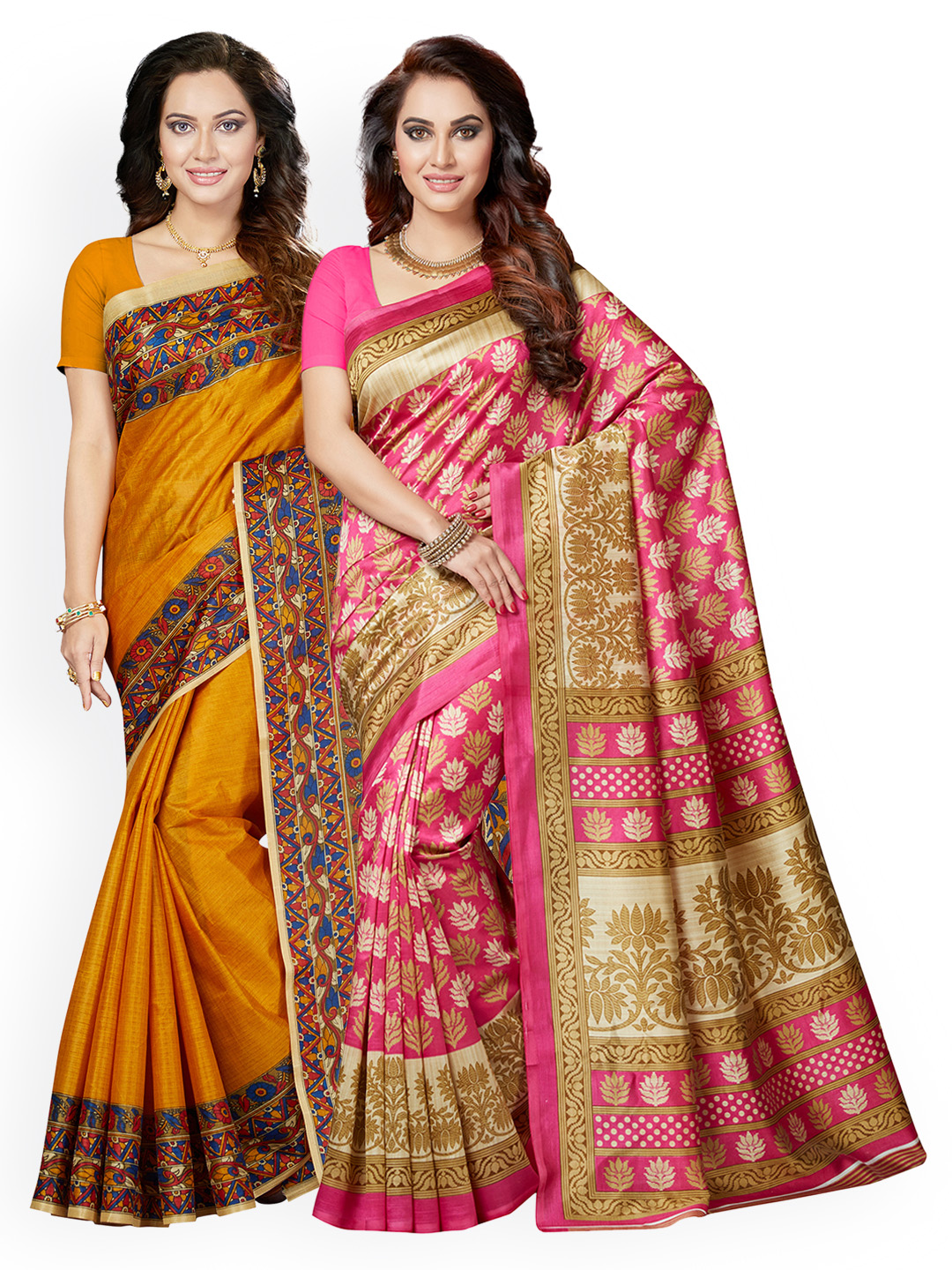 Ishin Selection of 2 Mustard Yellow & Pink Art Silk Printed Sarees Price in India