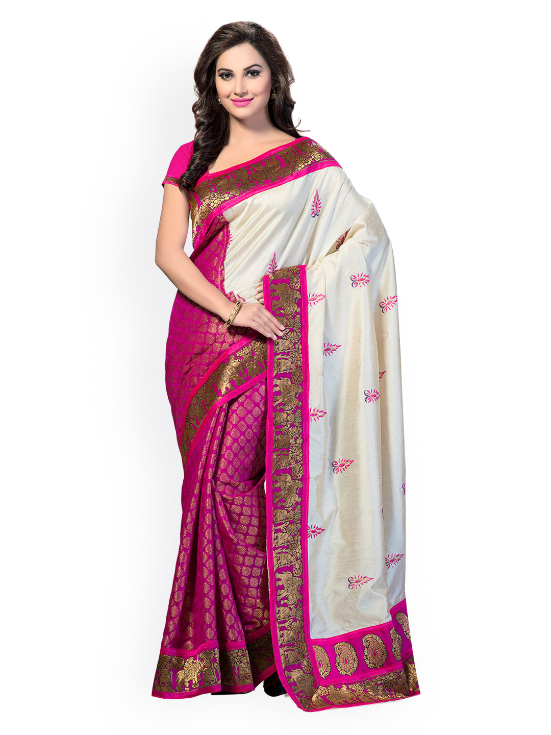 Ishin Pink & Beige Bhagalpuri Art Silk Printed Saree Price in India