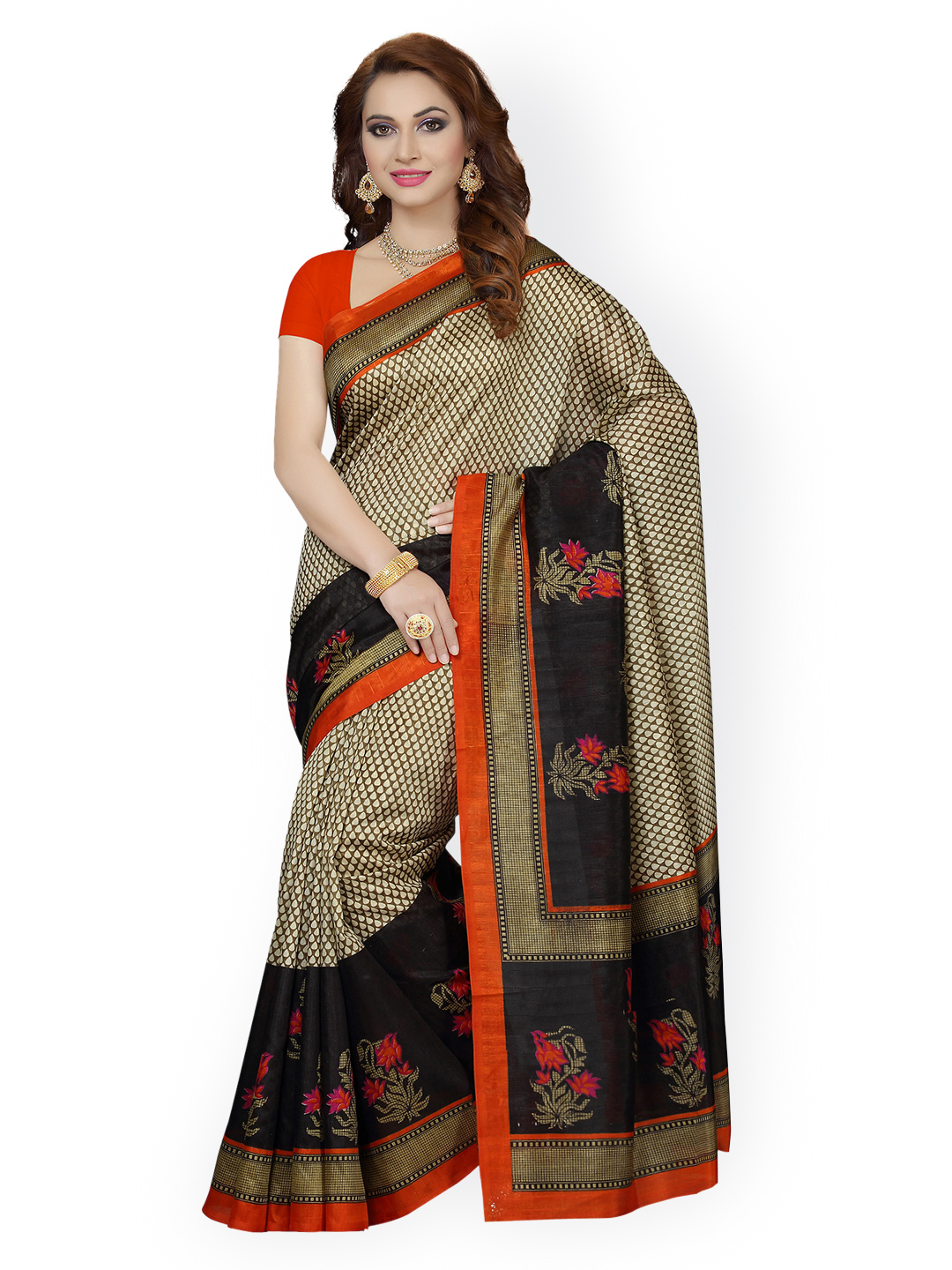 Ishin Beige Printed Bhagalpuri Art Silk Traditional Saree Price in India