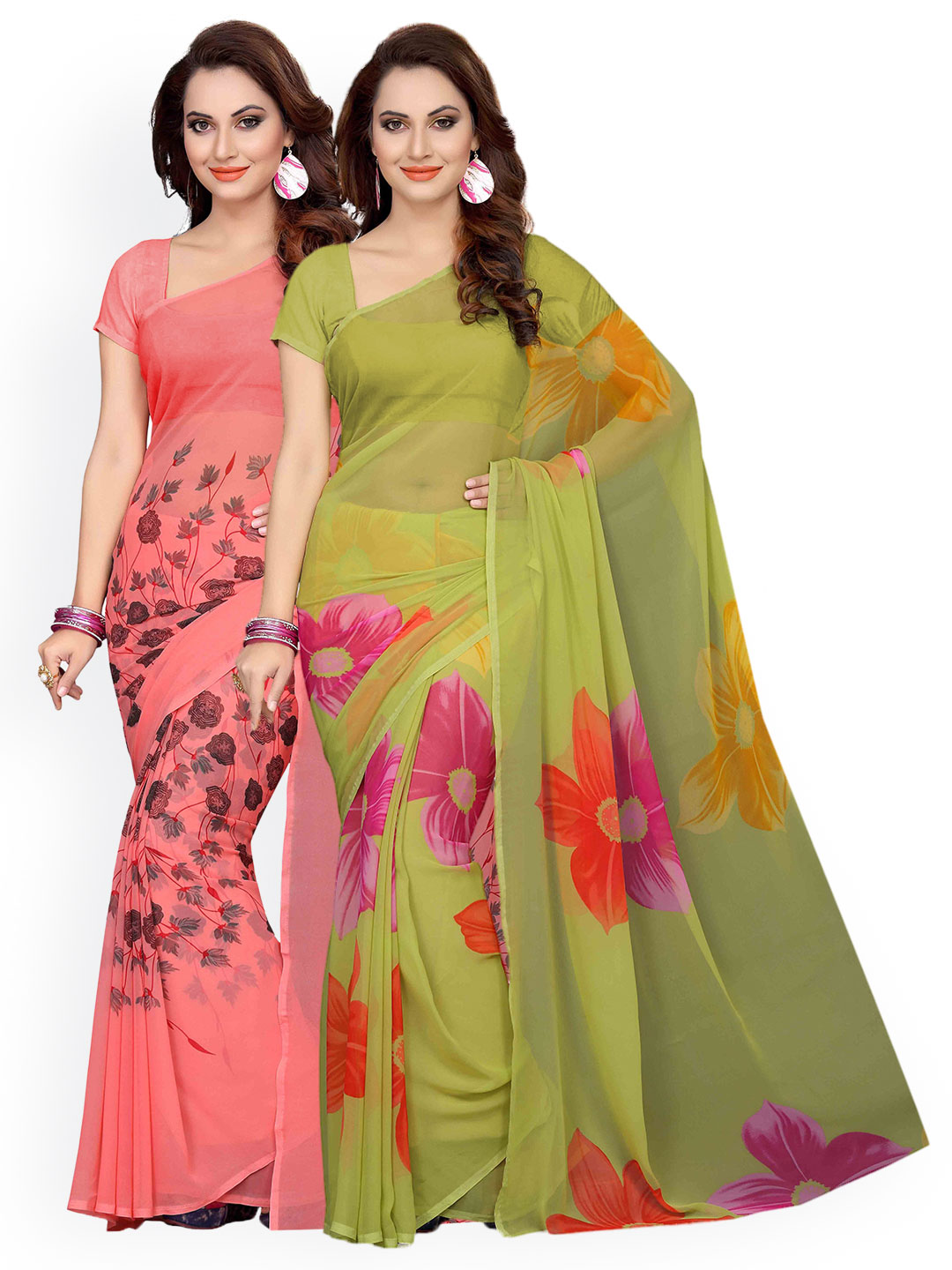 Ishin Combo of 2 Faux Georgette Peach & Green Printed Women's Sarees Price in India