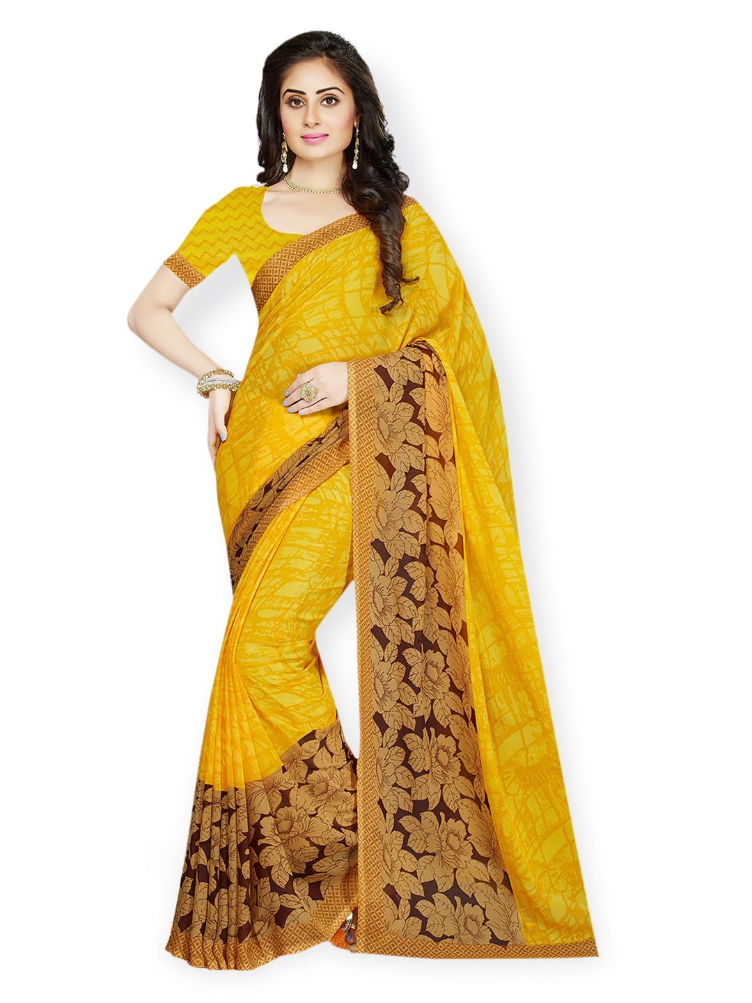 Ishin Yellow Printed Faux Georgette Saree Price in India