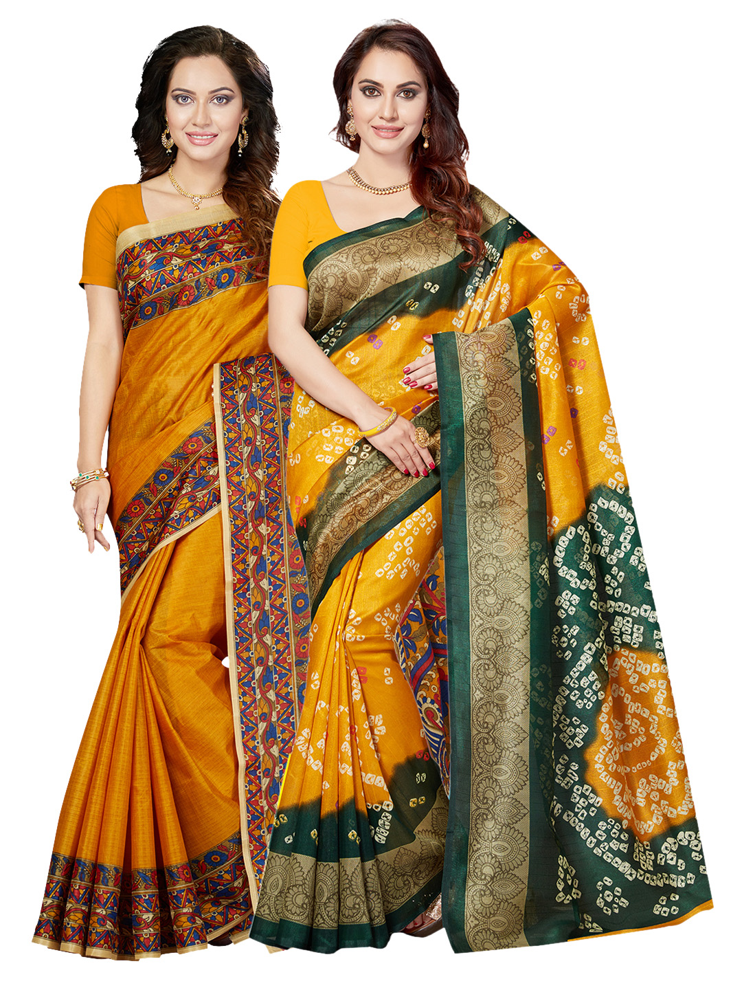 Ishin  Selection Of 2 Yellow & Mustard Art Silk Printed Bhagalpuri Saree Price in India