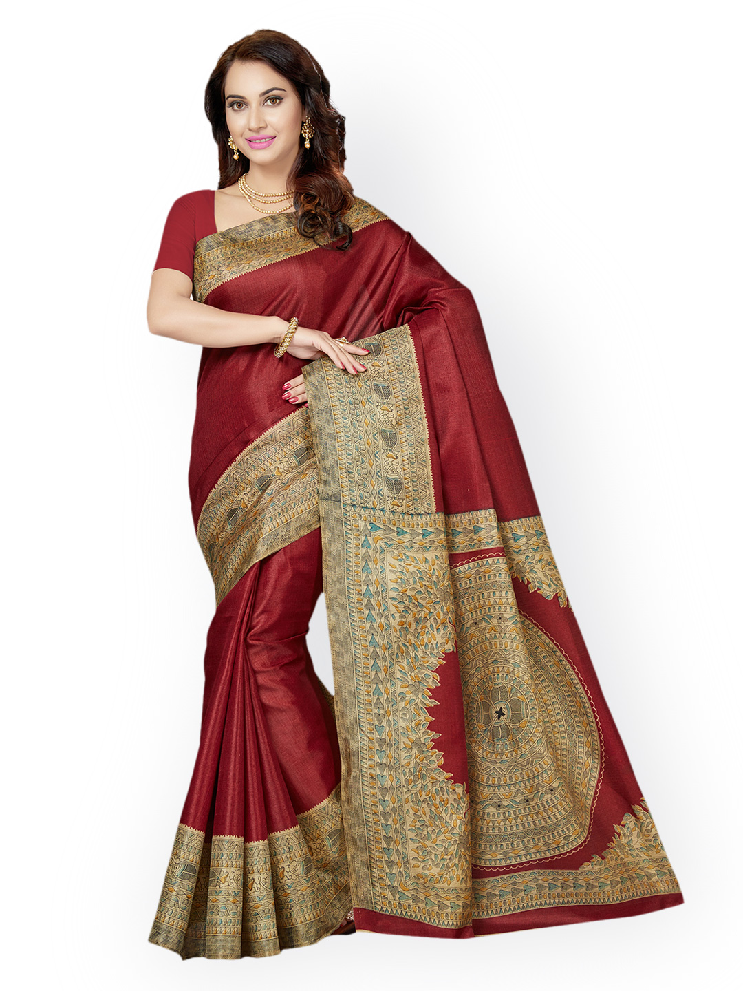 Ishin Maroon Printed Poly Silk Saree Price in India