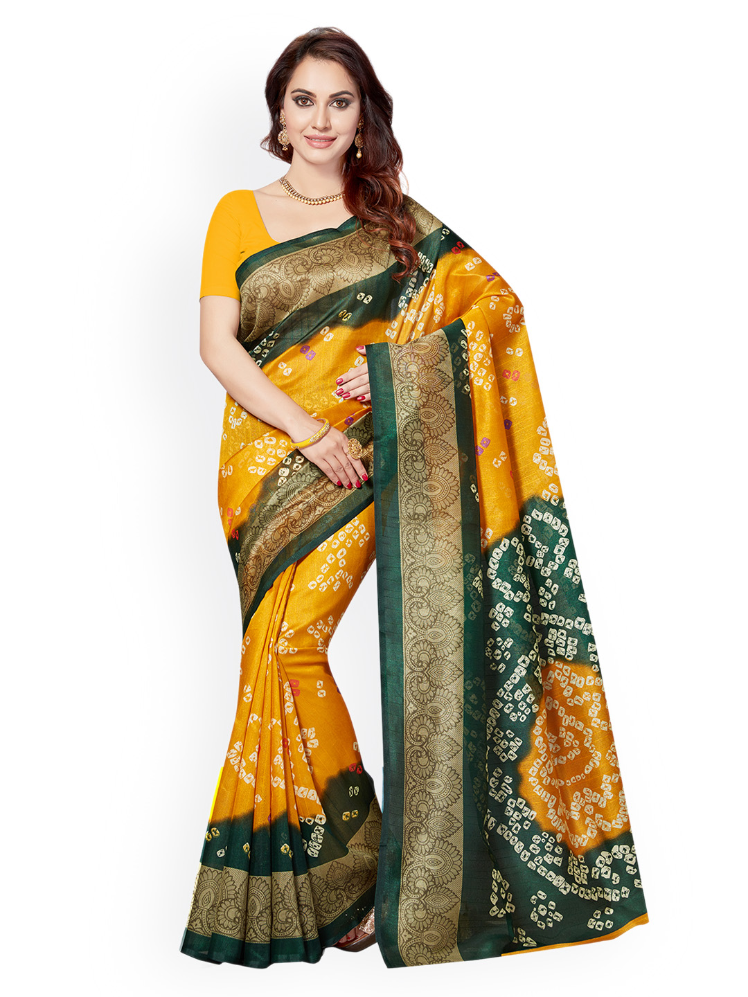 Ishin Yellow Art Silk Bandhani Print Bhagalpuri Saree Price in India